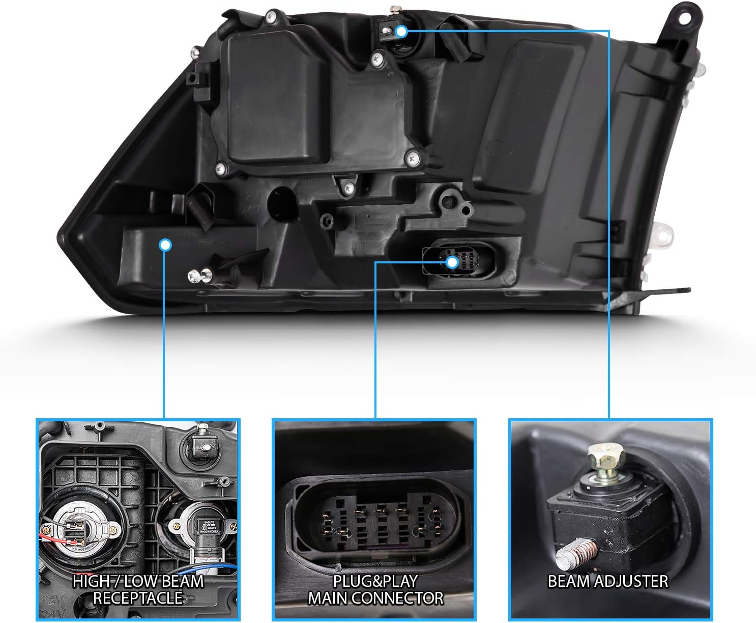 AmeriLite for 2009-2018 Dodge Ram 1500 2500 3500 BOTH Models Switchback LED Polished Black Replacement Projector Headlight Assembly Set - Passenger and Driver Side