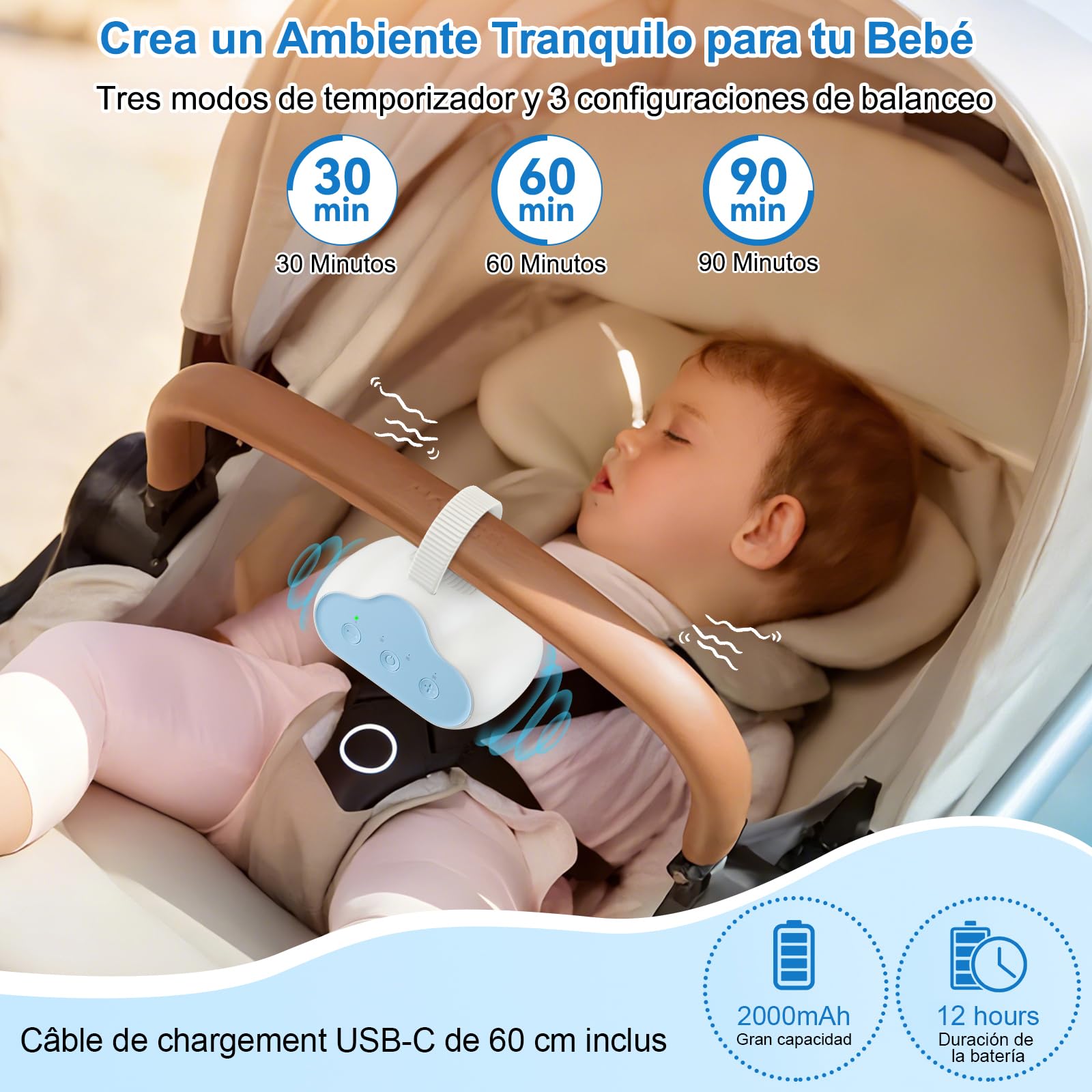 Baby Rocker Recargable, Mecedora Carro Bebe con 3 Intensidades de Balancín Ajustables y Temporizador de 30, 60, 90 Minutos, Balancea Suavemente Cochecito