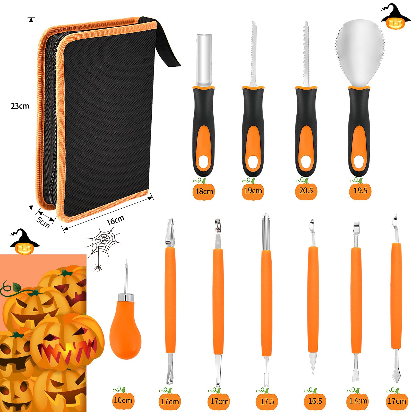 31-teiliges Halloween Kürbis Schnitzset - Edelstahl Werkzeuge Mit Vorlagen & Tasche