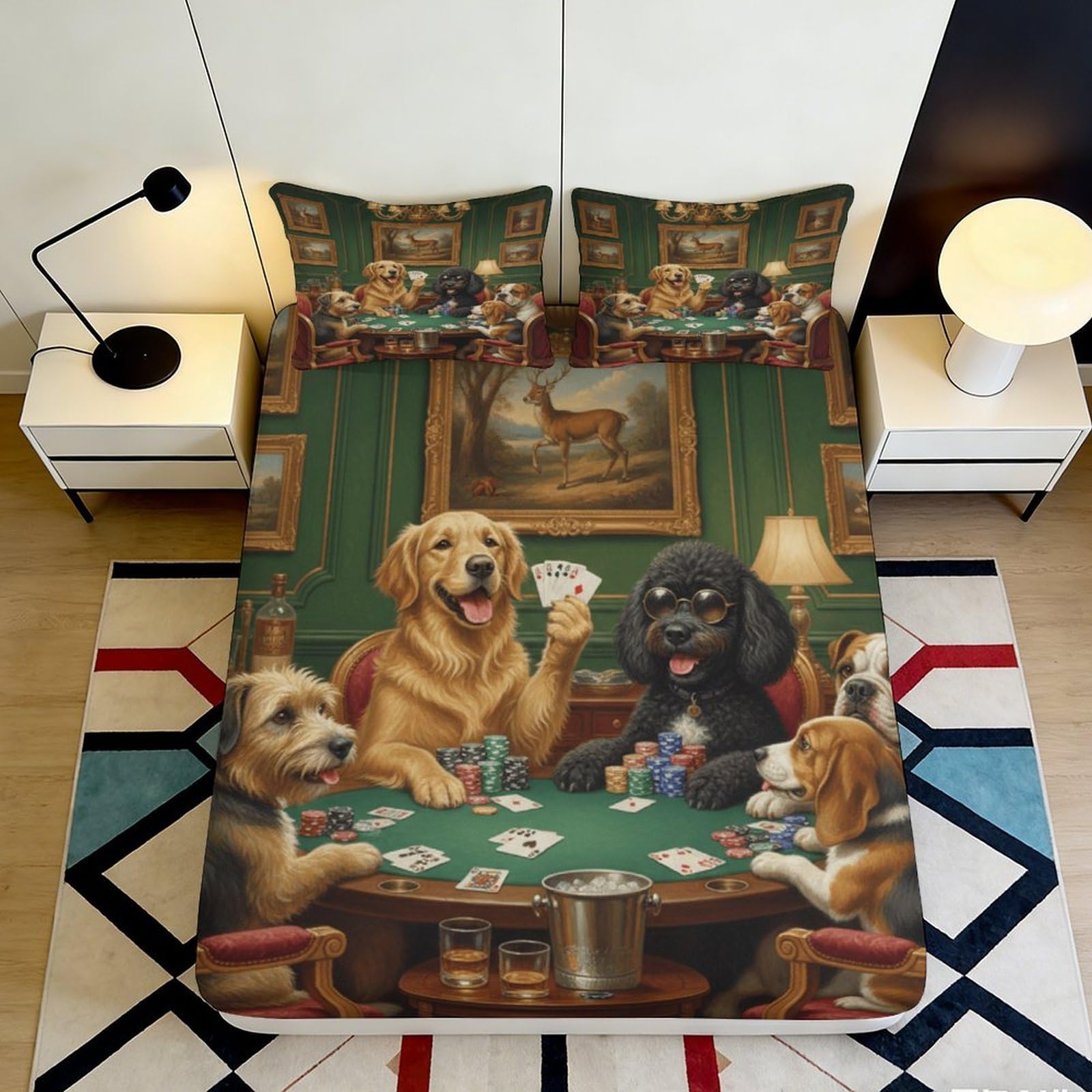 3D Printed Poker Dogs Fitted Sheet Microfiber Soft Breathable Canine Pattern Bed Cover for Bedroom Dormitory Guest Room Mattress Protection Decor 90x200x25cm