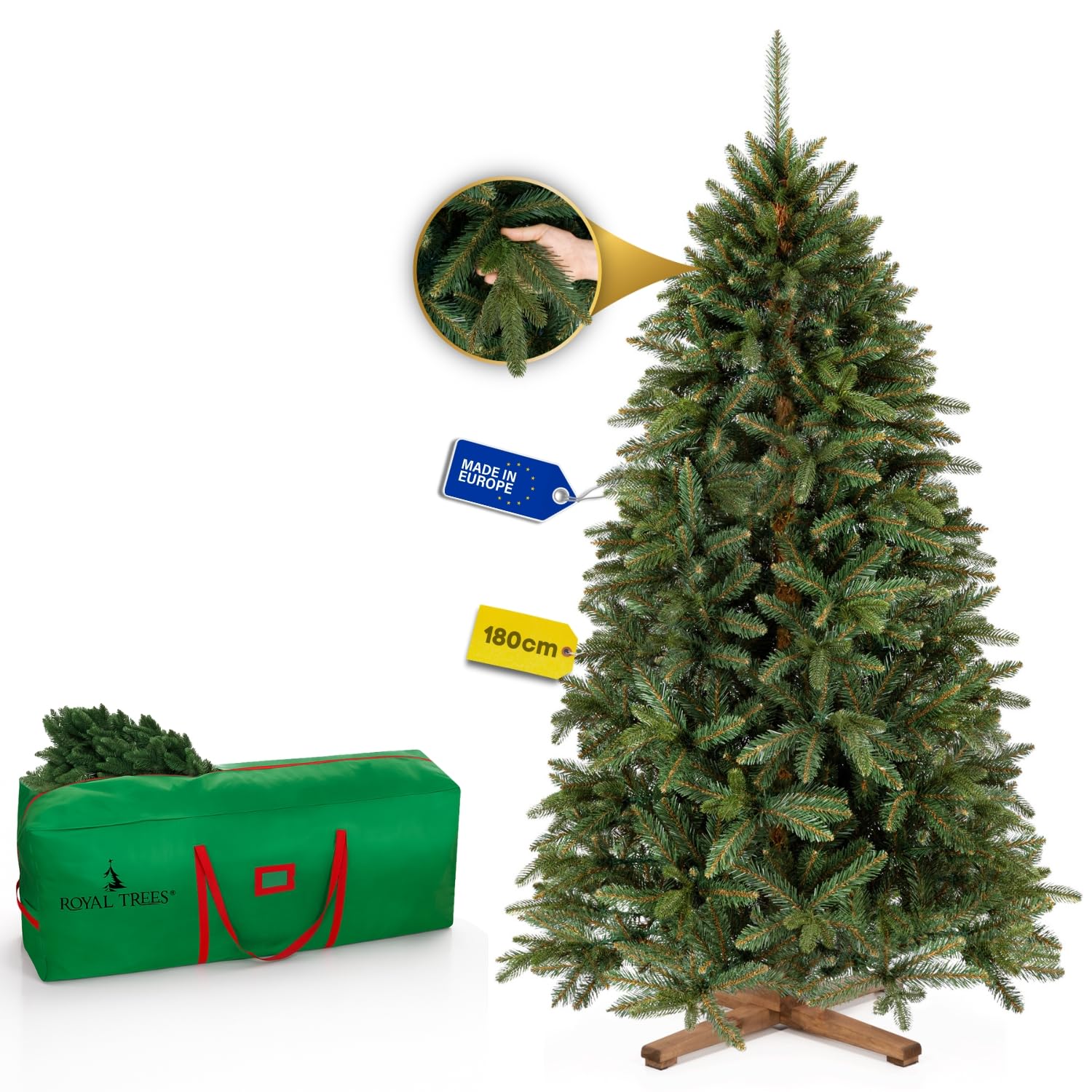 Árbol de Navidad artificial de 180 cm – Abeto siberiano artificial realista y denso con 755 puntas y soporte de madera, Christmas Tree árbol de Navidad verde realista, incluye bolsa de