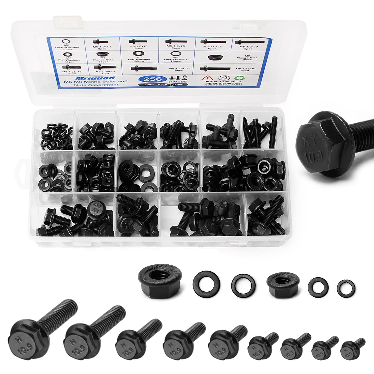 256Pcs Hex Bolts and Nuts Kit, M6 M8 Bolt, Metric Bolts and Nuts Assortmentt, M6-1.0 M8-1.25 Flange Hex Head Bolts Nuts Washers Kit, Alloy Steel Class 10.9 Black Zinc Plated(12mm to 30mm)
