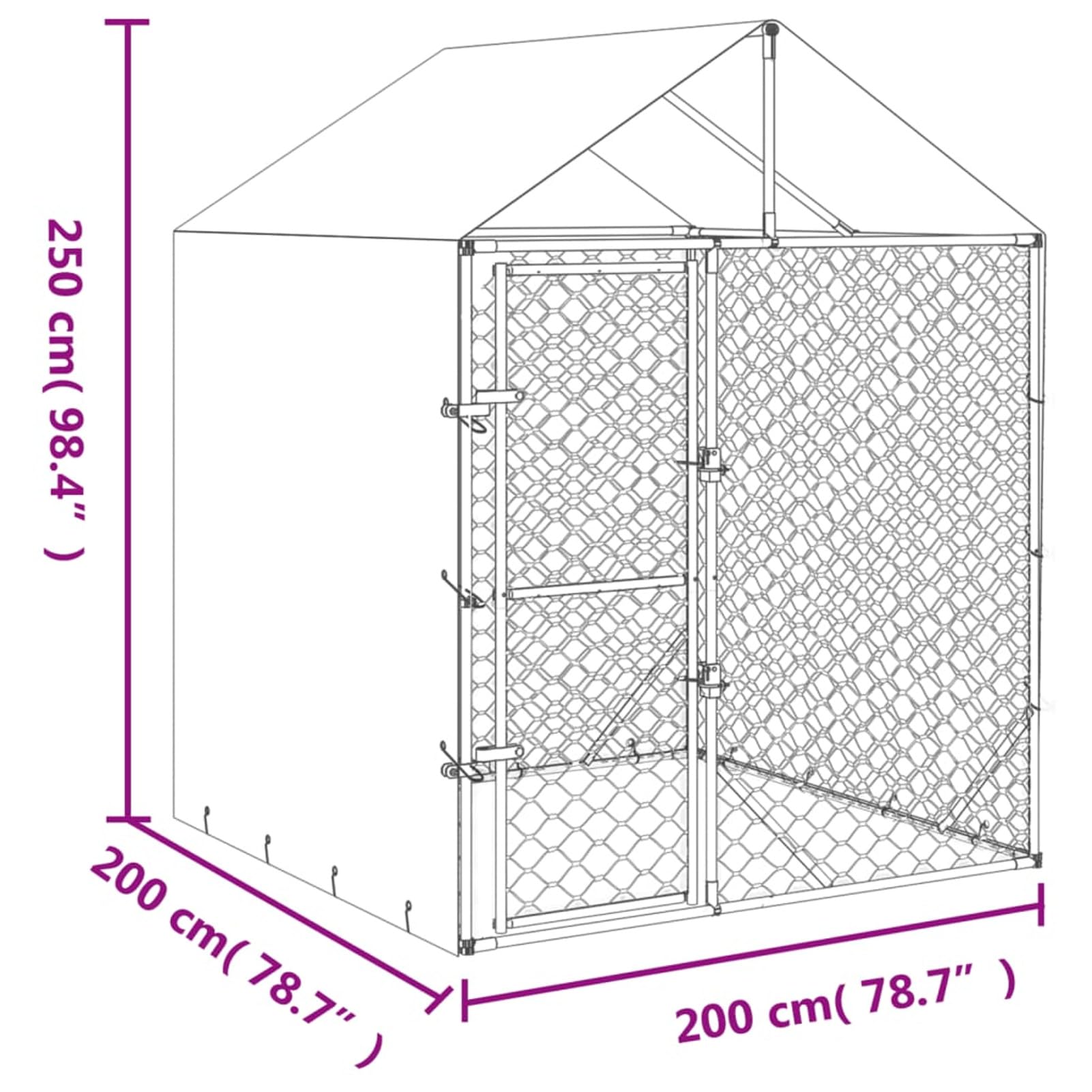 Gabbia per Cani con Tetto Kennel per Cani da Esterno Recinto per Cani da Esterno a Maglie in Acciaio Zincato con Porta con Serratura Argento-2 x 2 x 2.5 m