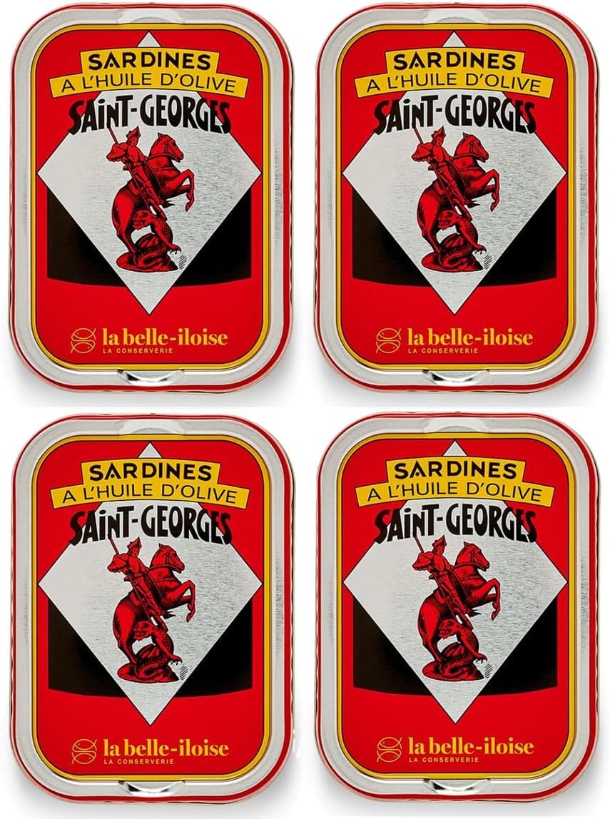 La Belle-Iloise - Sardines Saint Georges à l'Huile d'Olive Vierge Extra - 4 x 115 g - 4 à 6 Sardines par Boîte - Lot de 4 Boîtes