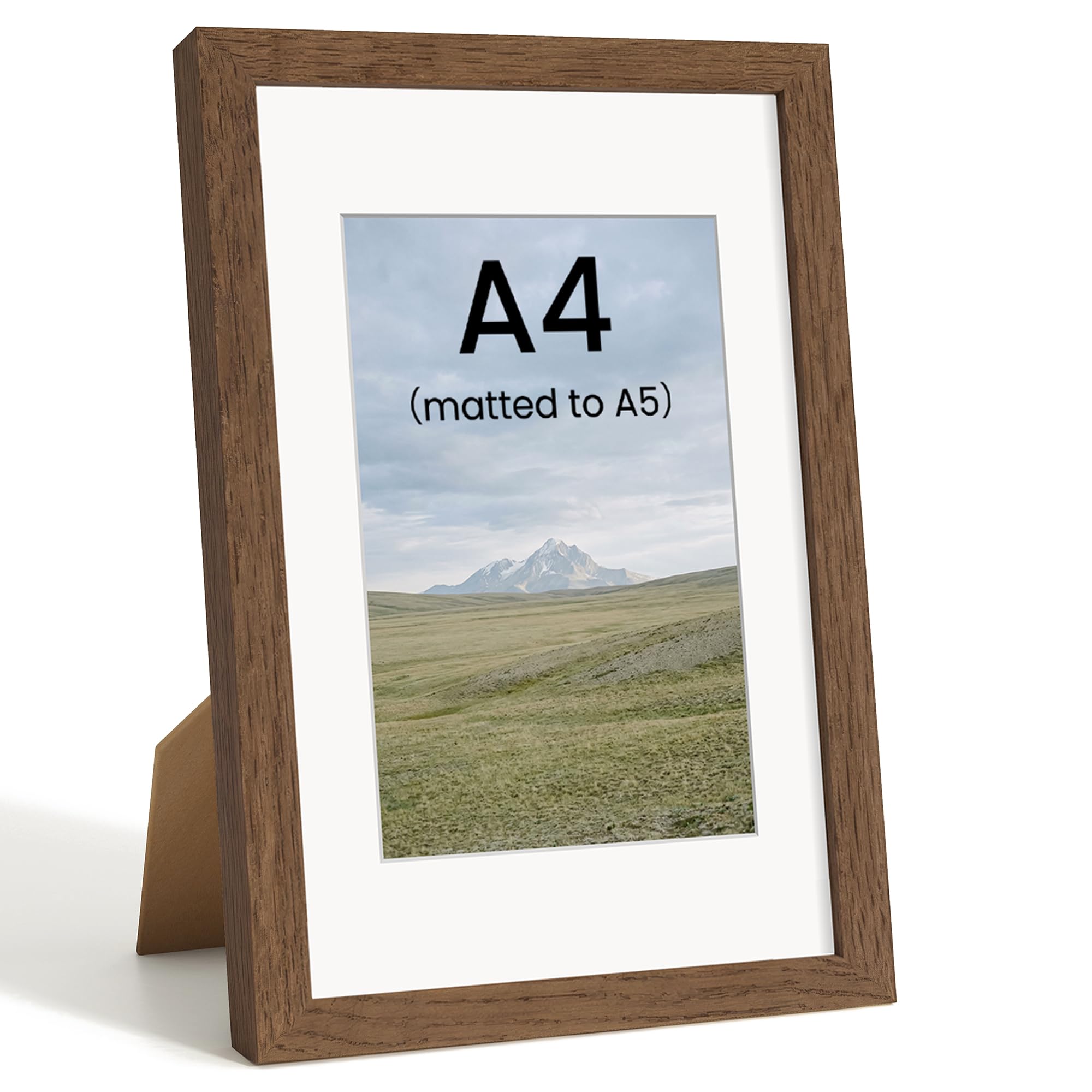 A4 Picture Frame, Solid Oak Wood, Mat fits A5, Tabletop & Wall Mount