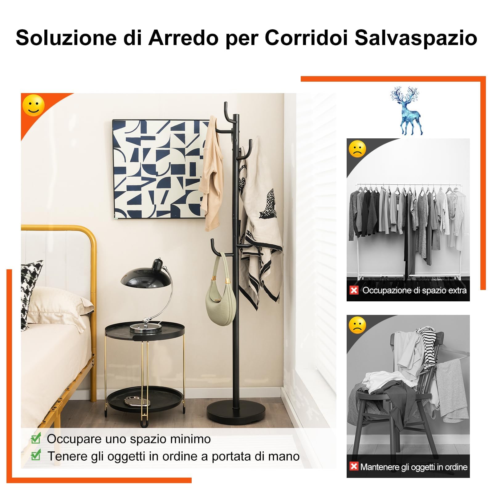 RELAX4LIFE Appendiabiti da Terra, Attaccapanni in Metallo con 8 Ganci per Vestiti, Borse e Cappello, Appendiabiti da Pavimento con Base Stabile per Salone, Ufficio e Negozio, Nero (30x175cm(ØxA))