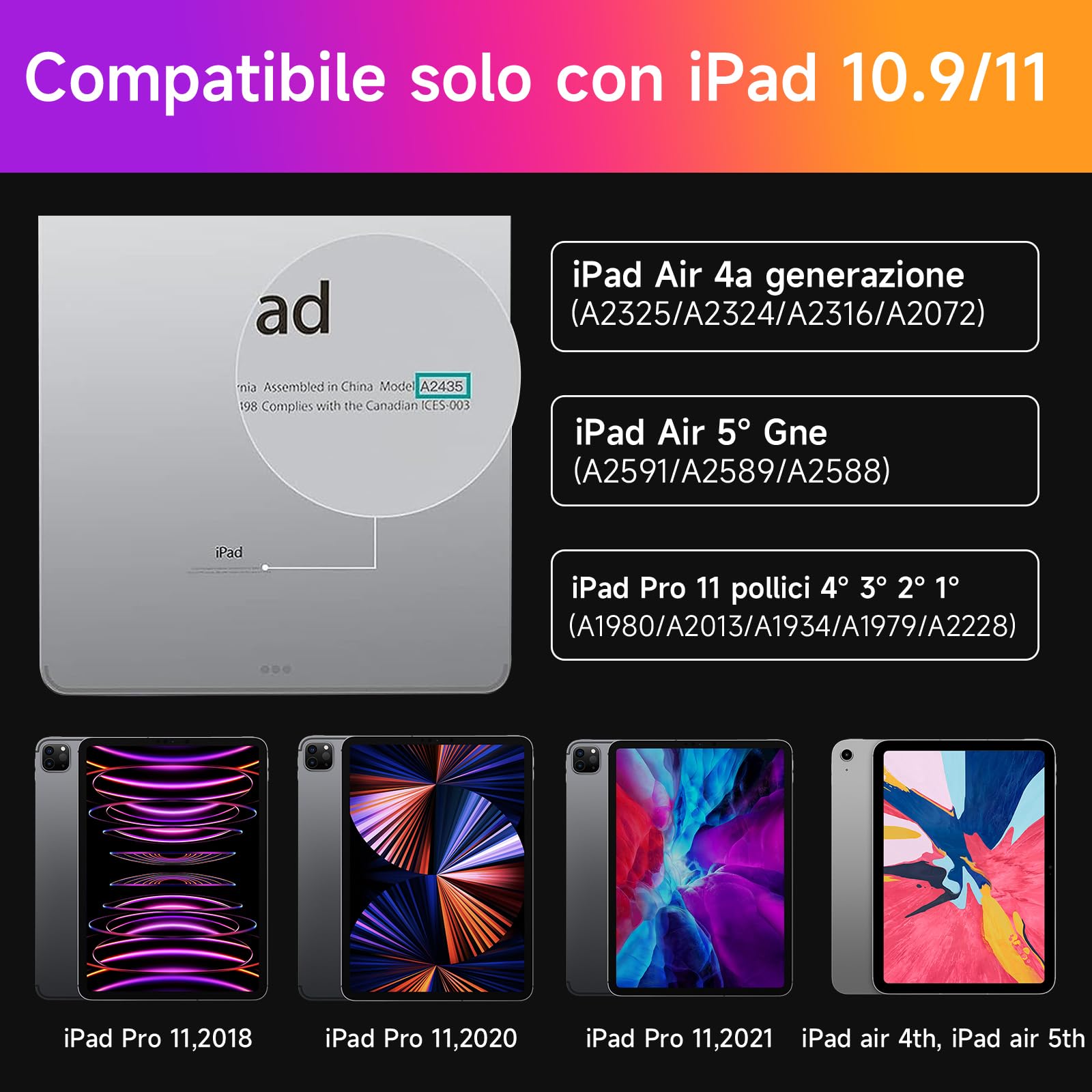 HOU tastiera per iPad Air 11"(M2 2024/M3 2025)/Air 5th/Air 4th generazione iPad Pro 11" (4a/3a/2a/1a) generazione,design magnetico galleggiante,trackpad e tastiera Disposizione italiana,verde