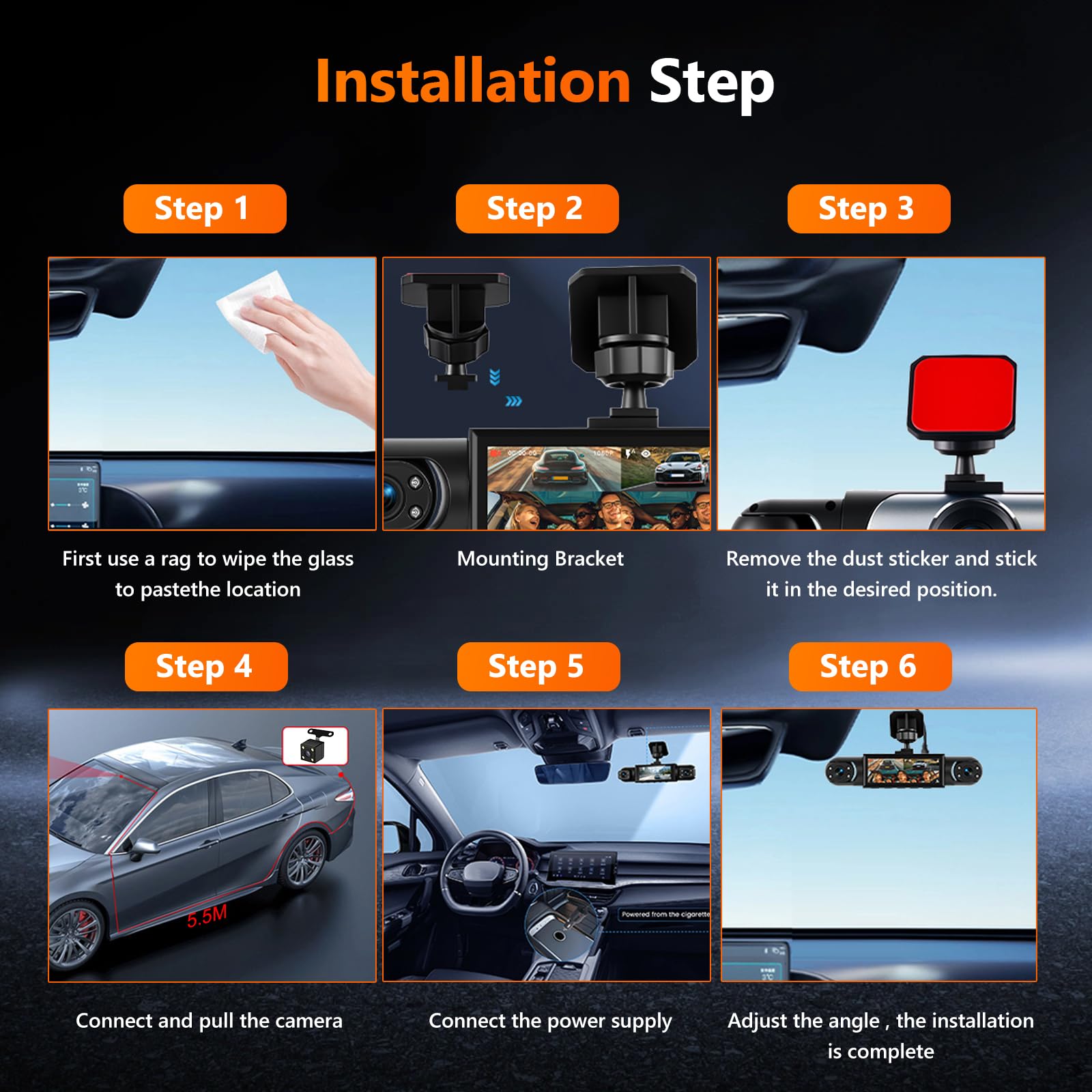 Mirror Dash Cam 4 Channel Front Rear, 3,16" Rückspiegel Kamera mit G-Sensor/Parking Monitoring/Night Vision/24H Parking Mode 360 Grad Schutz+ 64GB Karte