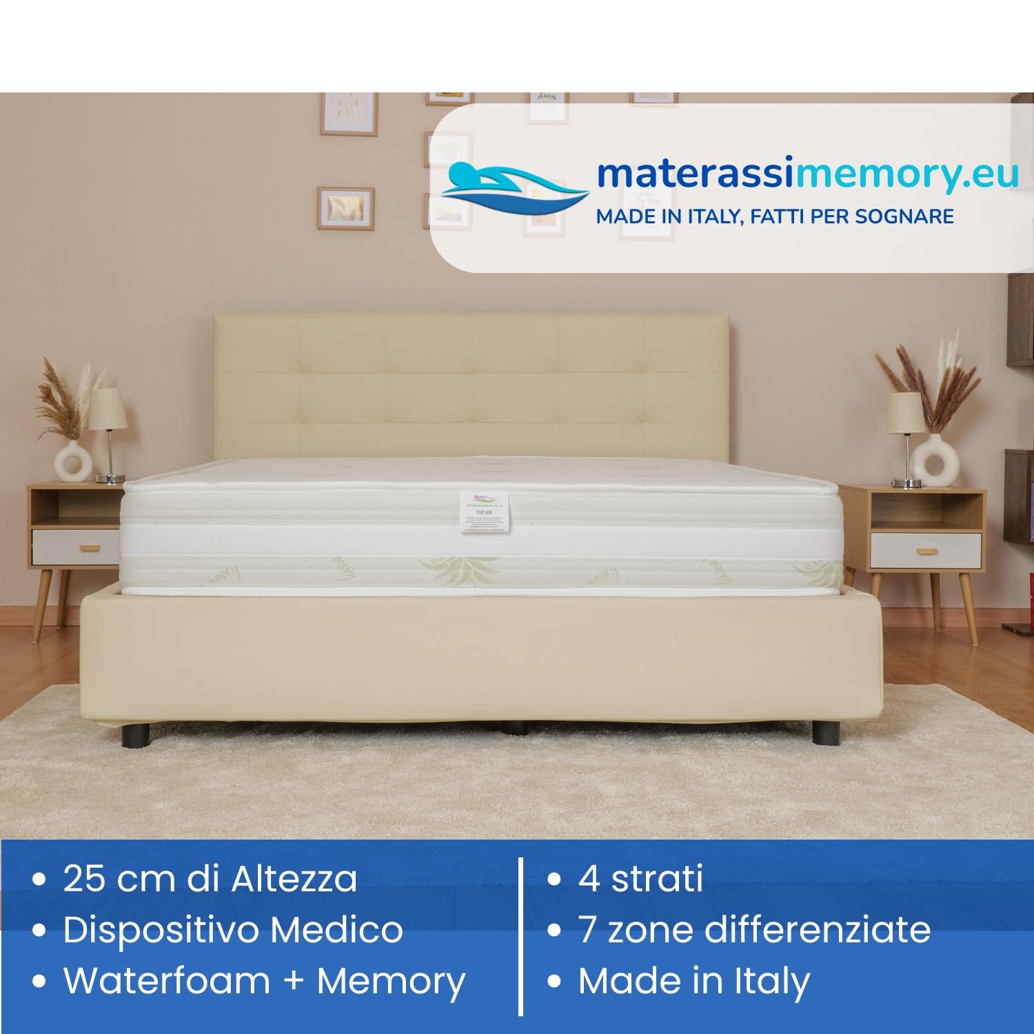 Materassimemory.eu – Materasso Matrimoniale Top Air 160x190 Alto 25 cm Detraibile con 7 Zone differenziate Rivestimento Aloe Vera Cuscini in Omaggio Traspirante Anti acaro Made in Italy