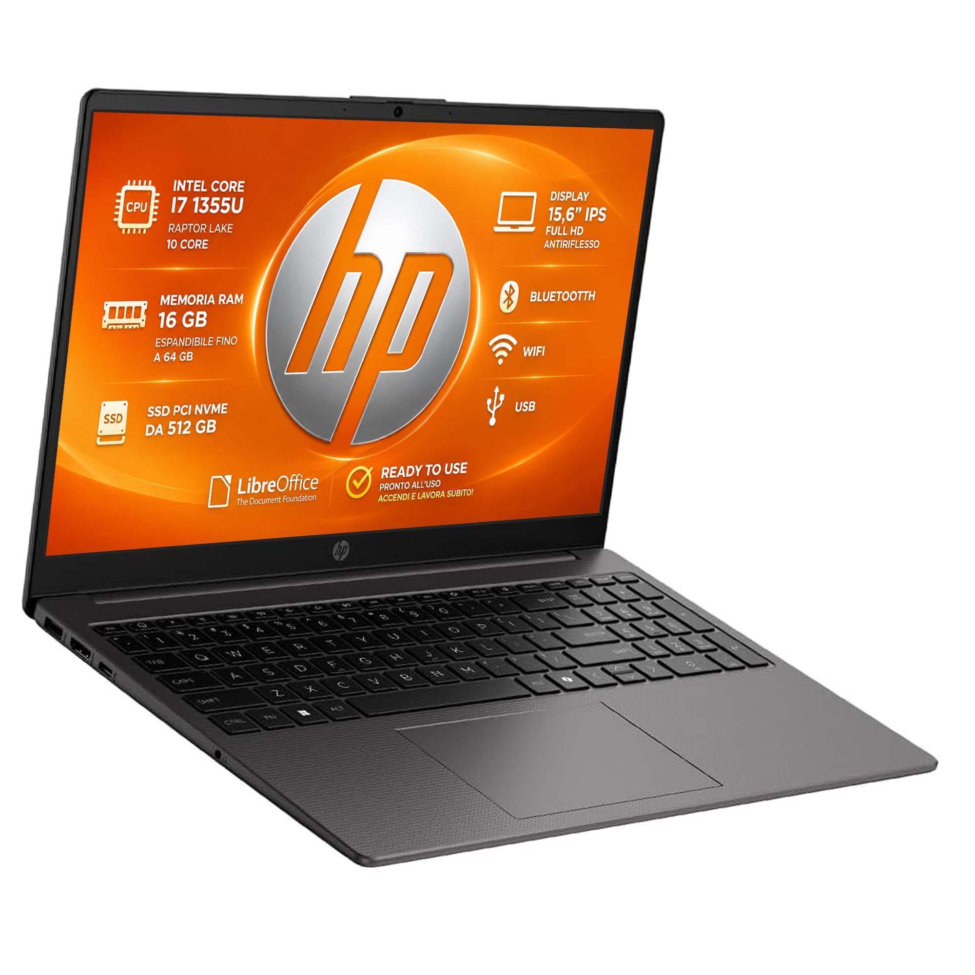 HP 250 G10 PC Portatile Intel Core i7 Display 15.6" IPS FHD antiriflesso | RAM 16Gb, SSD Pci 512Gb, Wi-Fi 6, BT, WebCam, HDMI, Pronto all'Uso, include alimentatore e libre Office