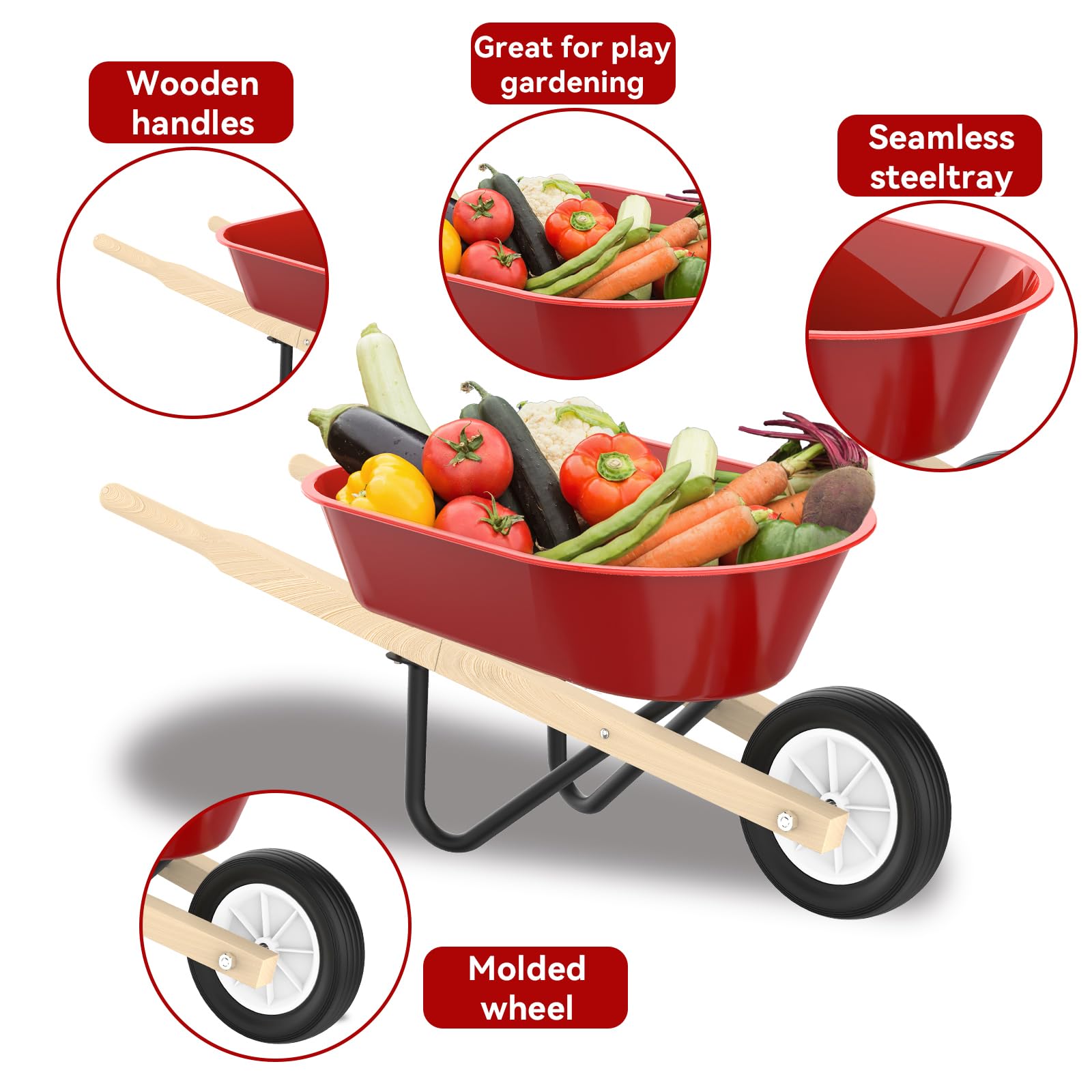 Qtioucp Brouette pour enfants avec outils de jardinage pour garçons et filles de 3 à 8 ans, avec pelle, râteau, râteau à feuilles, cadeaux d'anniversaire de Pâques