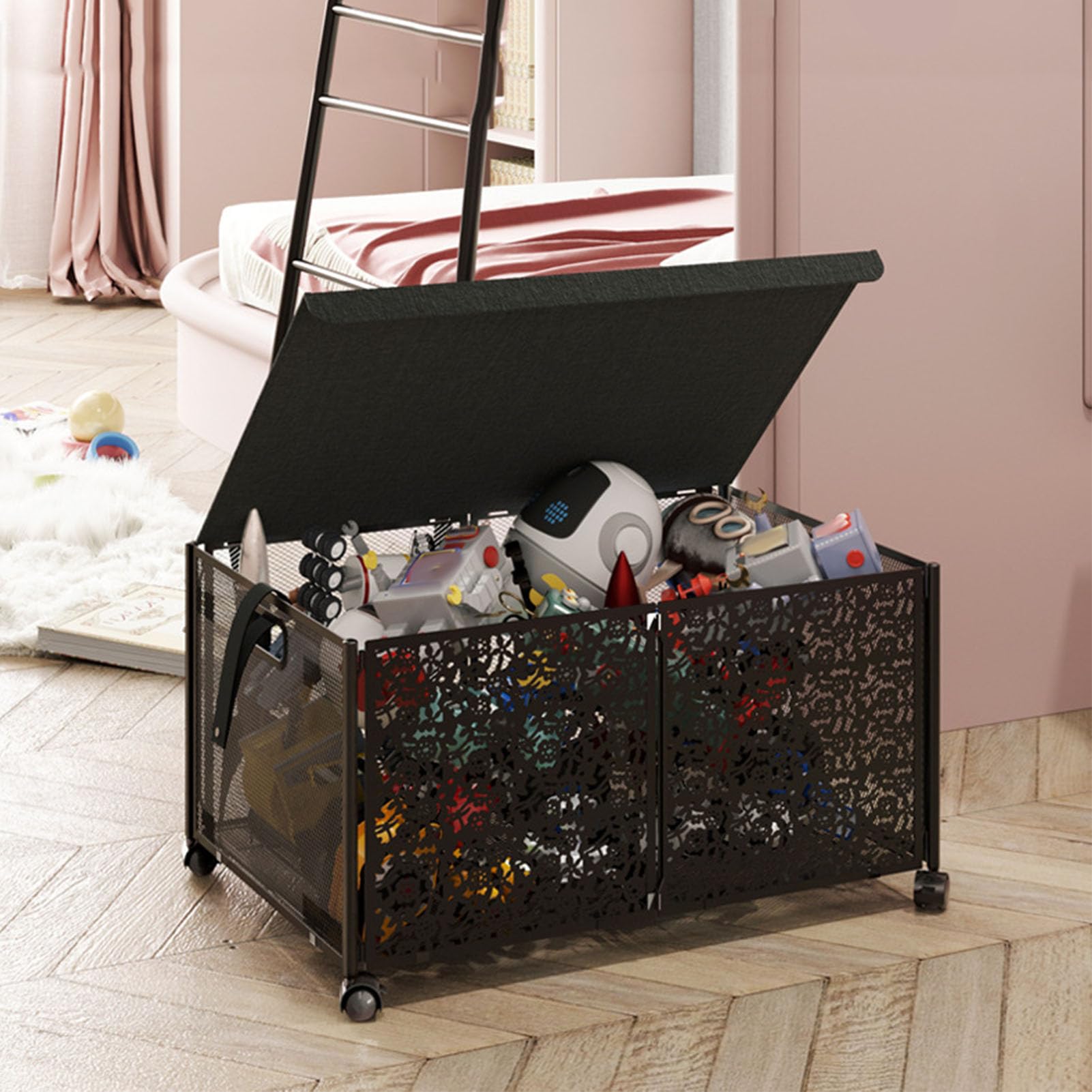 CHICIRIS Scatola portaoggetti pieghevole per giocattoli di grande capacità 70 L, resistente alla polvere, portatile, in metallo, per sala giochi per bambini, soggiorno, camera da letto per bambini