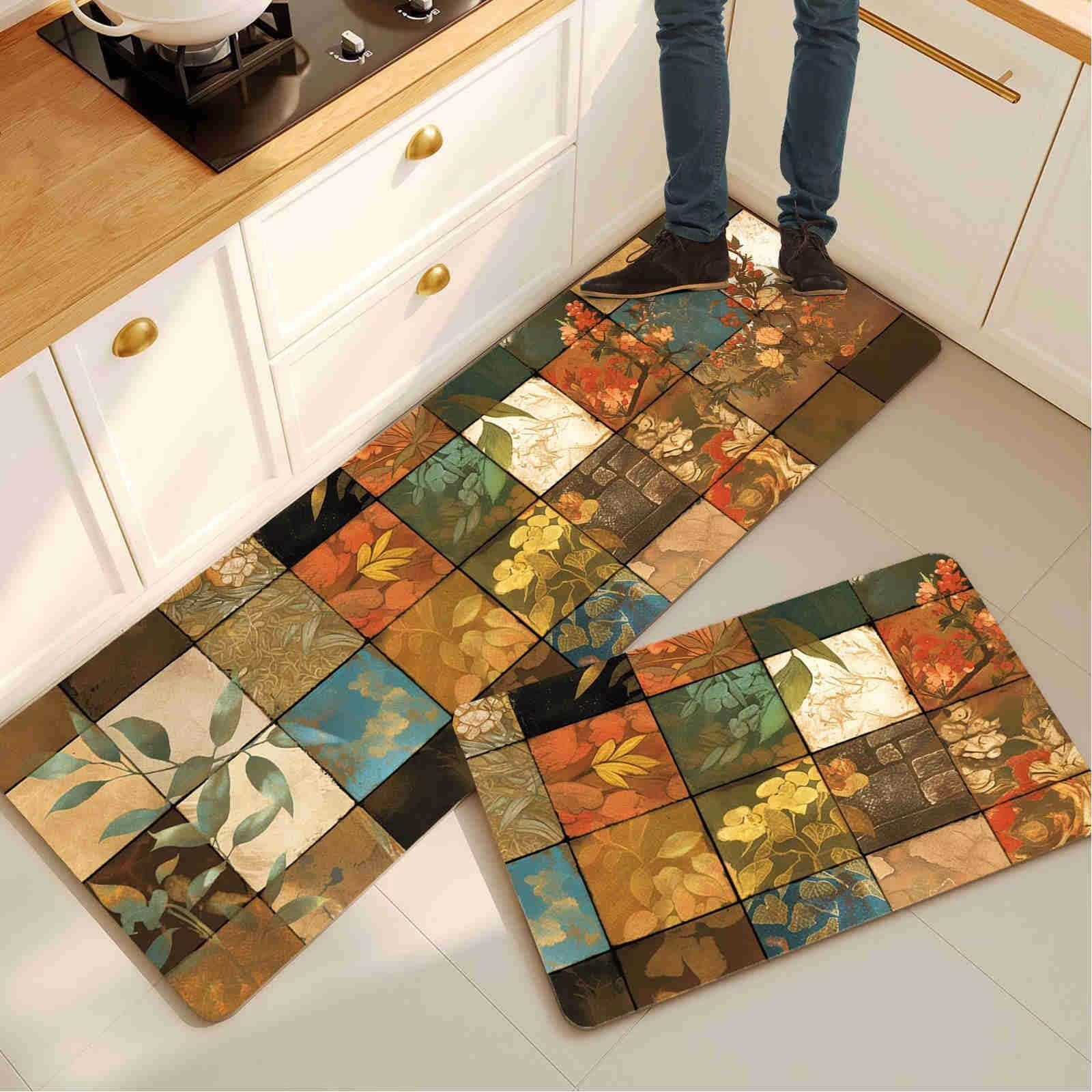 Tapis de cuisine checkered absorbant l'eau et l'huile lot de 2 tapis de bain