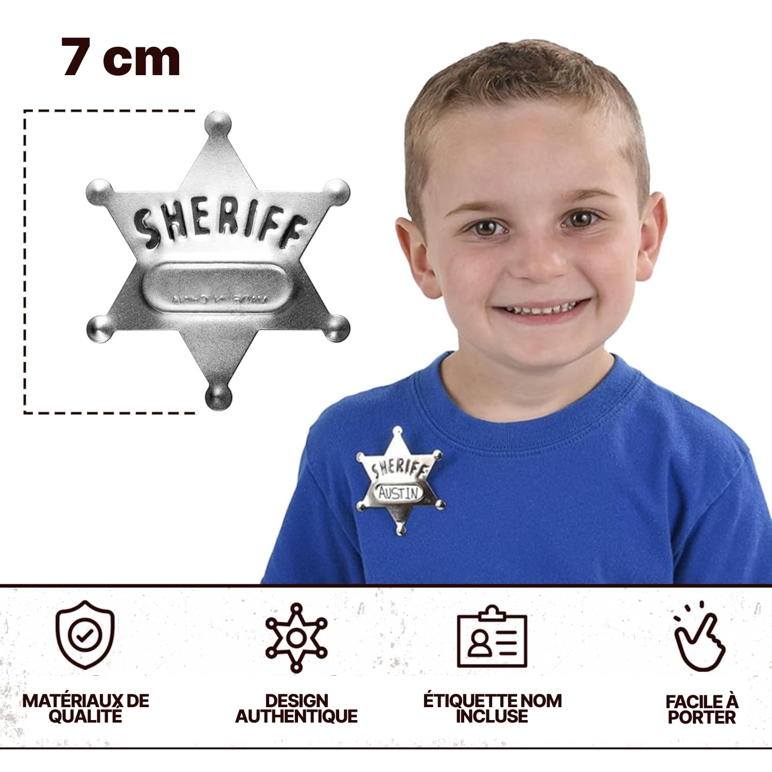 Badges de shérif en métal – Lot de 24, Silver Star Badges nominatifs Western Cowboy pour enfants