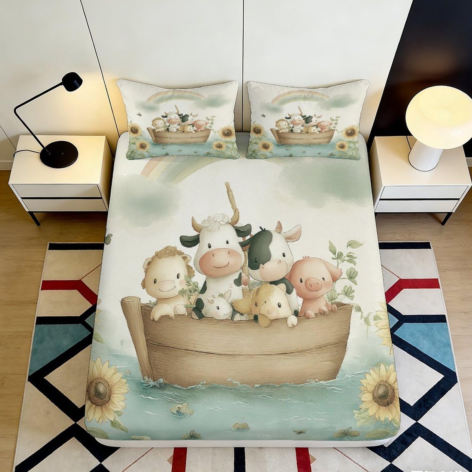 Jqzkxnhpbr Style-9 3D Printed Farm Animal Fitted Sheet Microfiber Soft Breathable Boat Scene Bed Cover For Bedroom Dorm Mattress Protection Decor 90X200x25cm