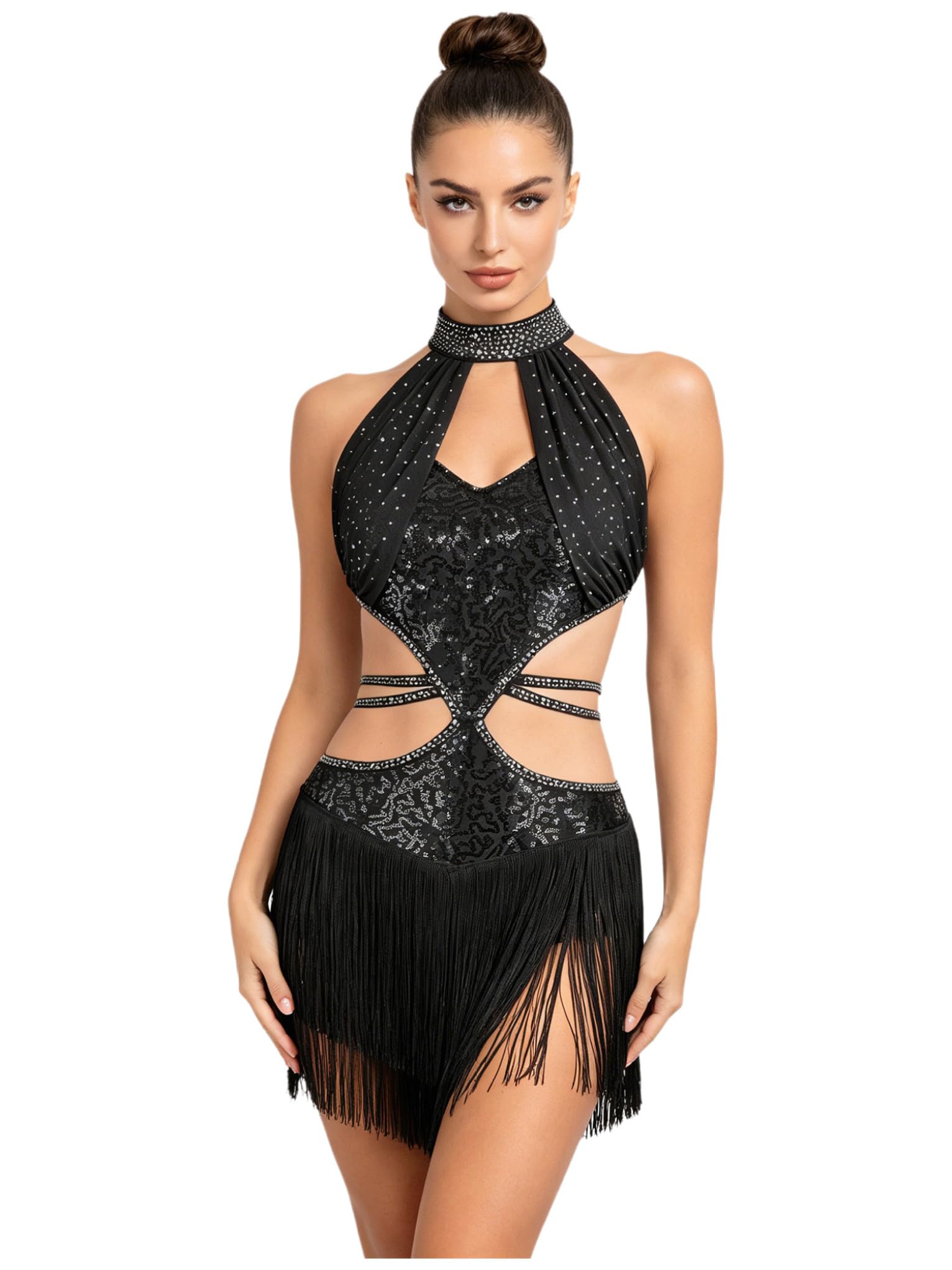Mufeng Vestido de Baile Latino Mujer Maillot con Flecos Vestido Patinaje sobre Hielo de sin Mangas Leotardos de Danza Maillot Gimnasia Ritmica