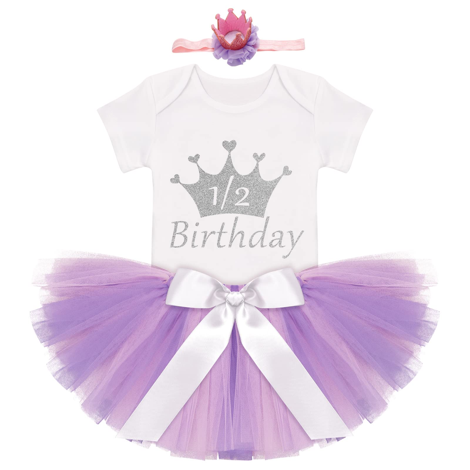 IDOPIP Birthday Outfit Girls Baby Strawberry Heart One Romper + Ruffle Tulle Skirt + Sequins Crown Headband 3PCS Clothes Set