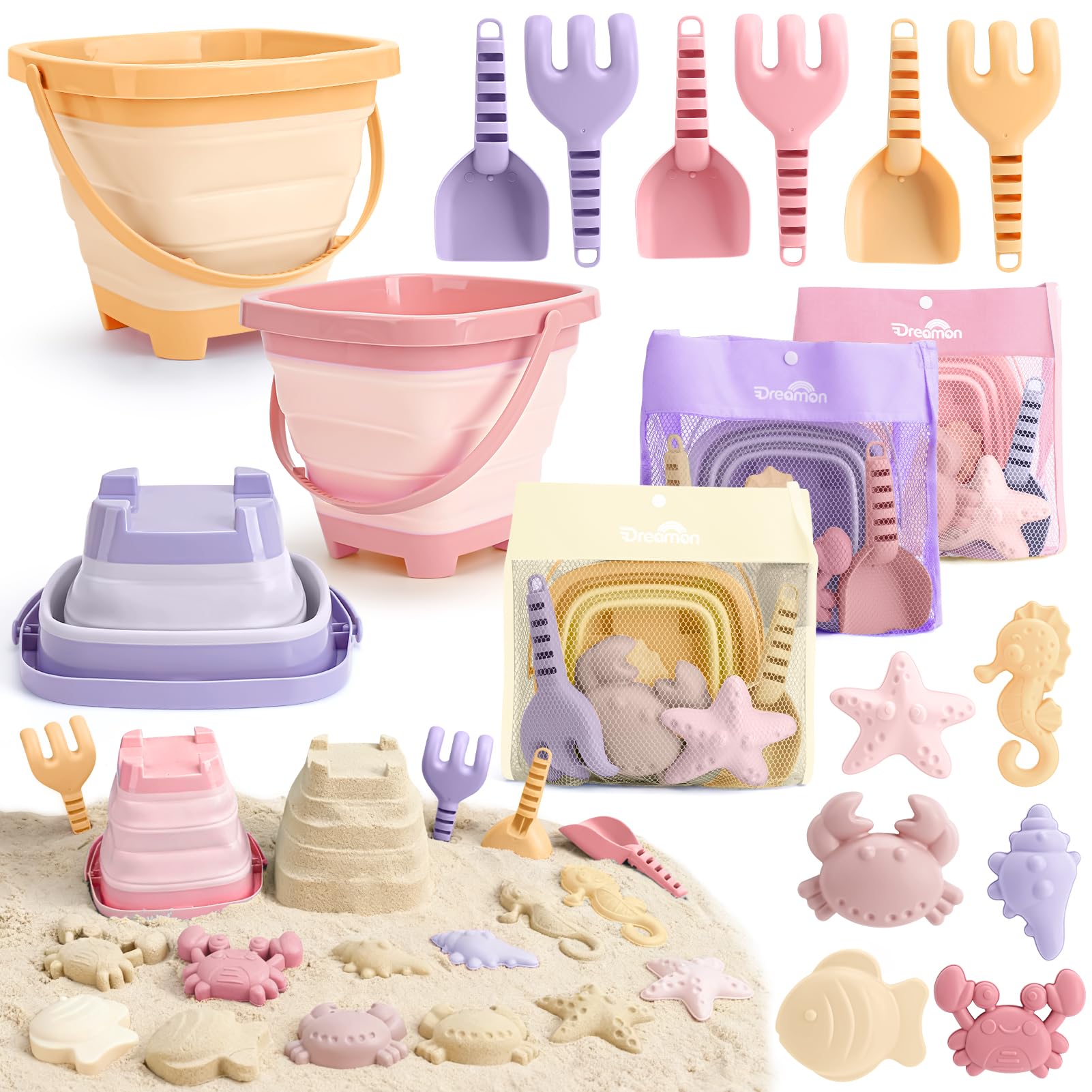 Dreamon Giochi Sabbia Bambini, 18 Pezzi Giochi Mare con Secchiello Spiaggia Bambini Pieghevole Paletta Borsa Rete Giochi Spiaggia (Rosa, Giallo, Viola)