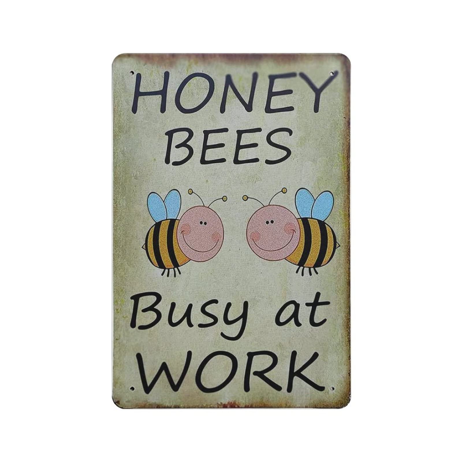 AOOEDM Honey Bees Busy at Work Vintage Metal Tin Sign for Home Coffee Shop Office Wall Art Metal Poster Garage Decor Man Cave Sign Inspirational Quote Wall Decor