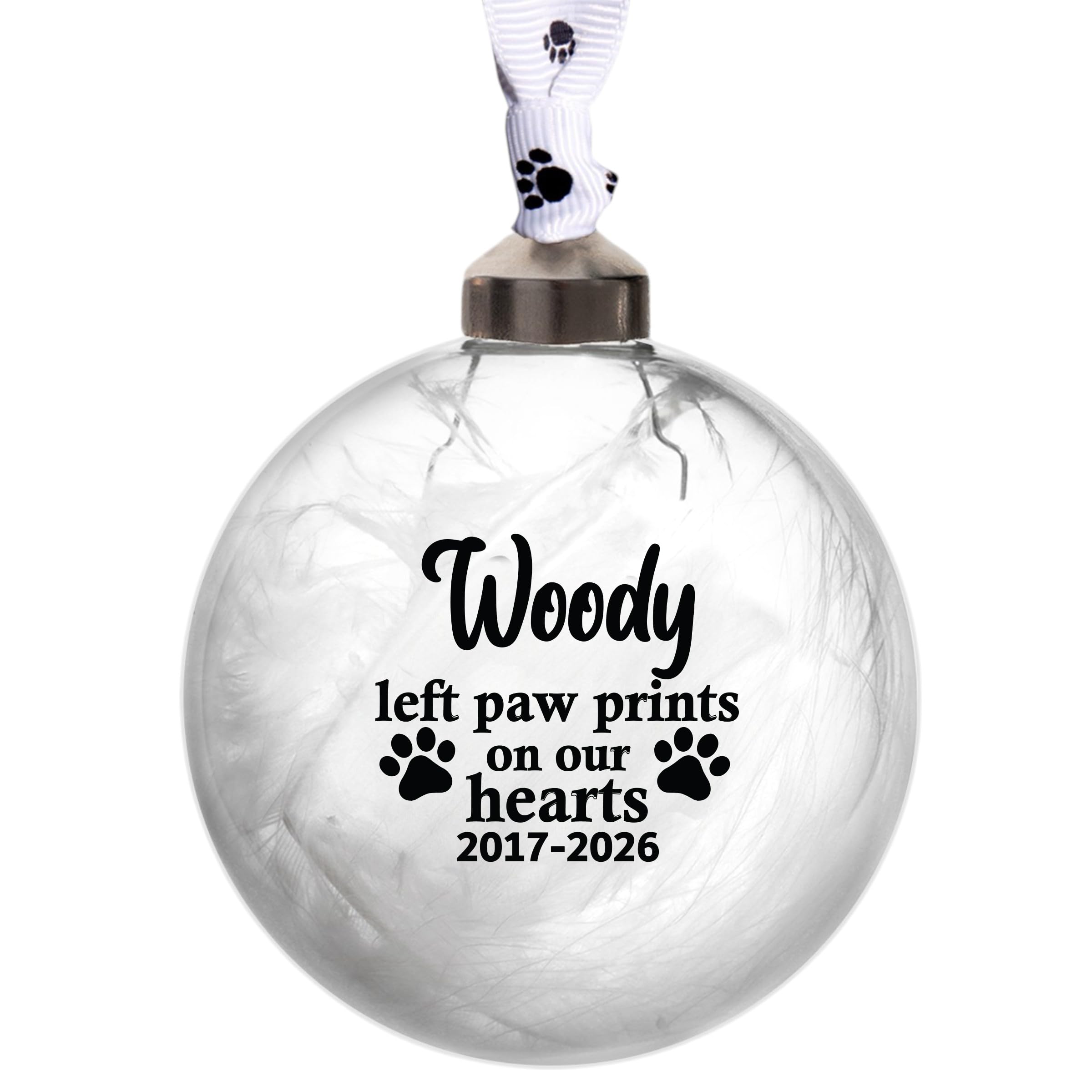 Personalised Pet Memorial Glass Bauble – "Left Paw Prints On Our Hearts" – Custom Name Christmas with White Feather Fill – Dog Cat Loss Remembrance Keepsake – Handmade UK – 11 Colours,Paw Print Design
