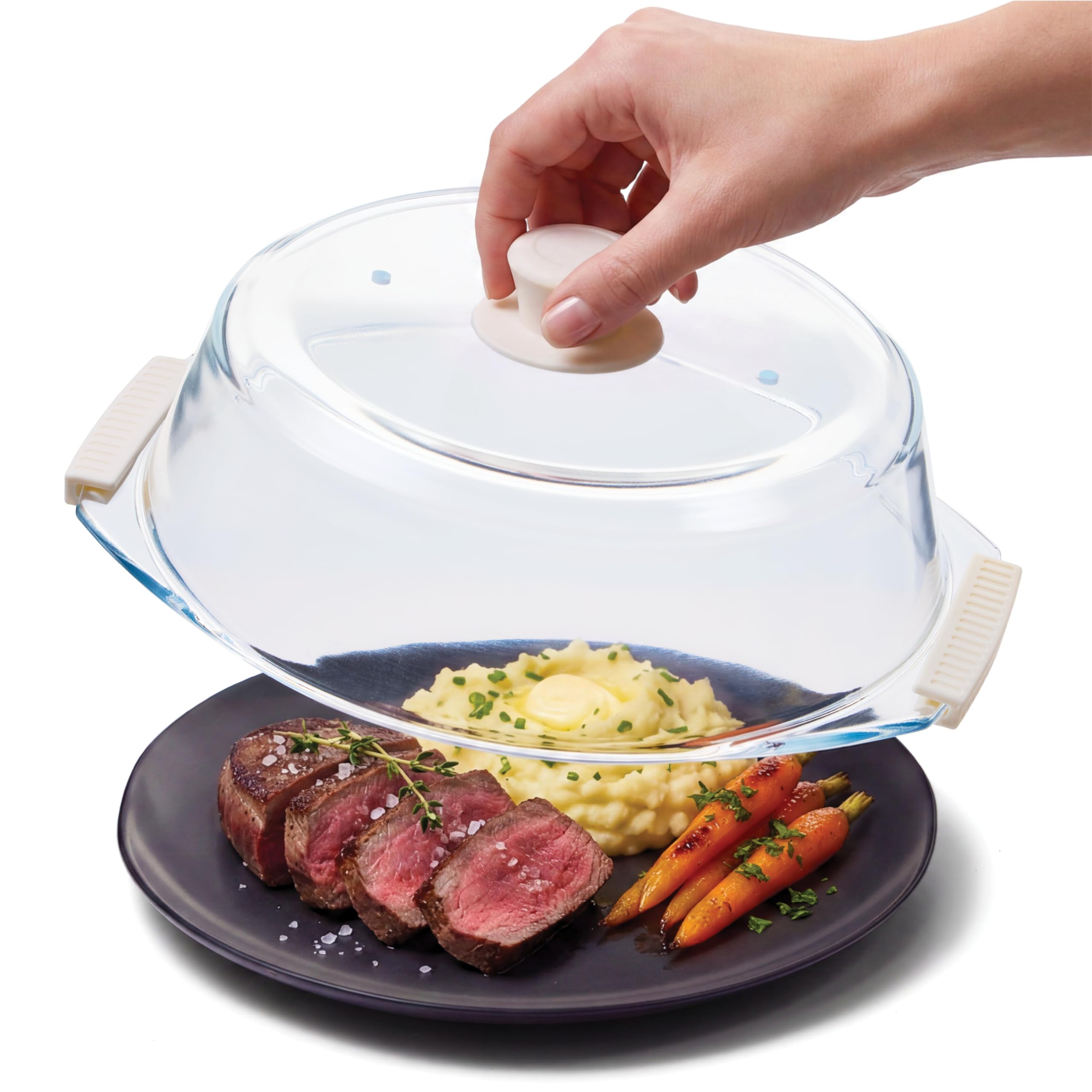 Bezrat Glass Microwave Cover with Silicone Knob and Handles, Splatter Guard Lid, BPA Free, Dishwasher Safe (White)