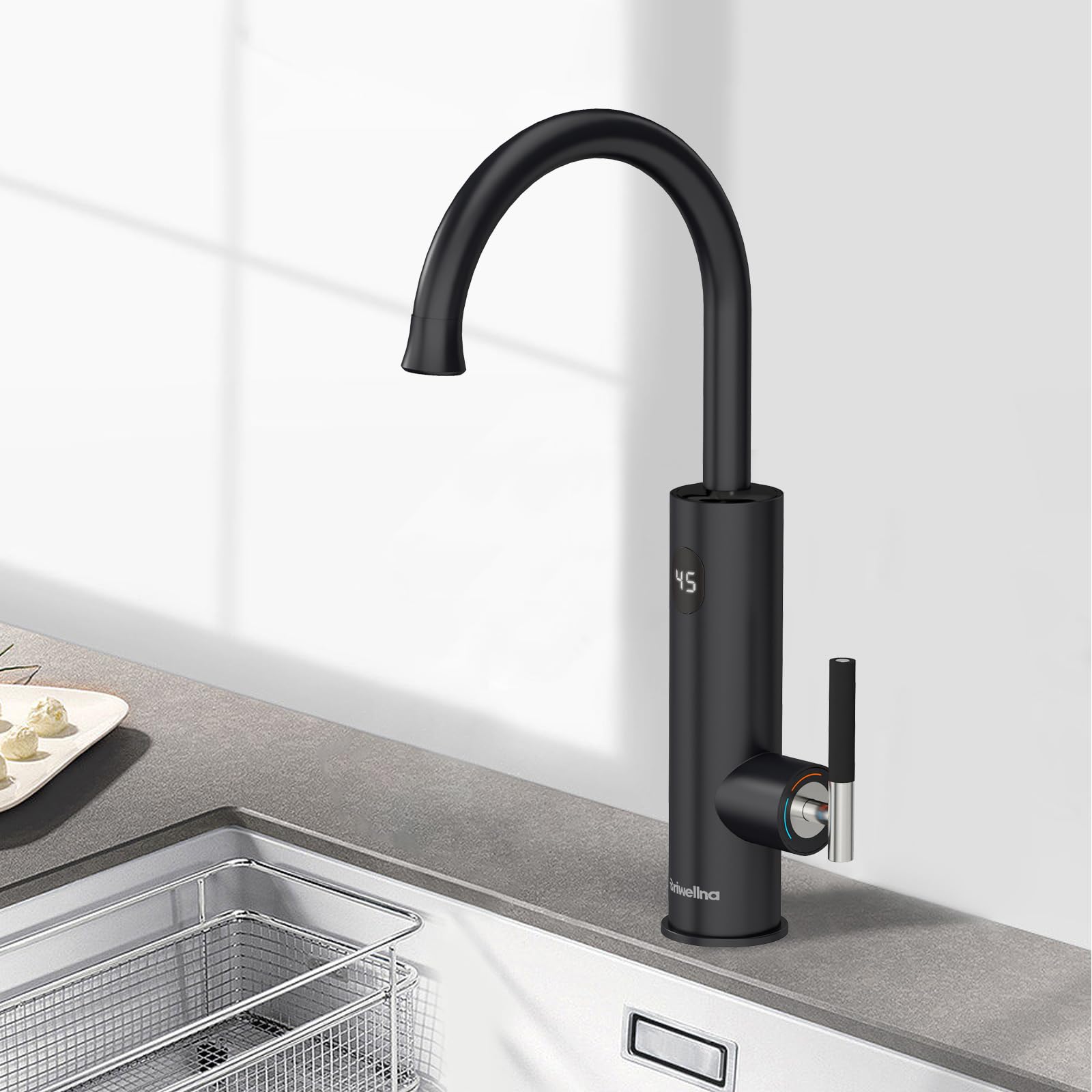 Briwellna Electric Fast Heating Tap, Kitchen Stainless Hot Water Tap with Digital Display, 360 Degree Rotate Instant Water Heater Faucet 220V (Black) — image 1