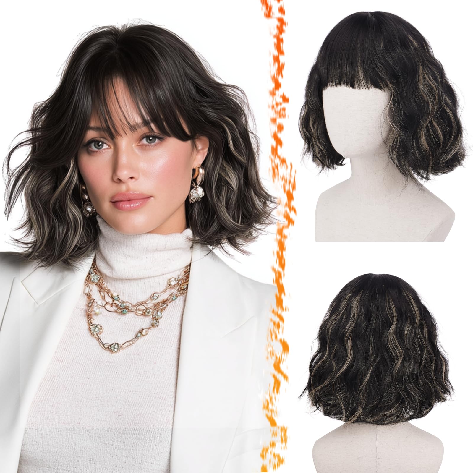 BARSDAR Short Wavy Black Blonde Wig with Bangs - Short Highlights Bob Wigs for Women - Curly Wavy Textured French Bob Wig with Bangs Soft Synthetic Natural Looking Face-Framing Daily