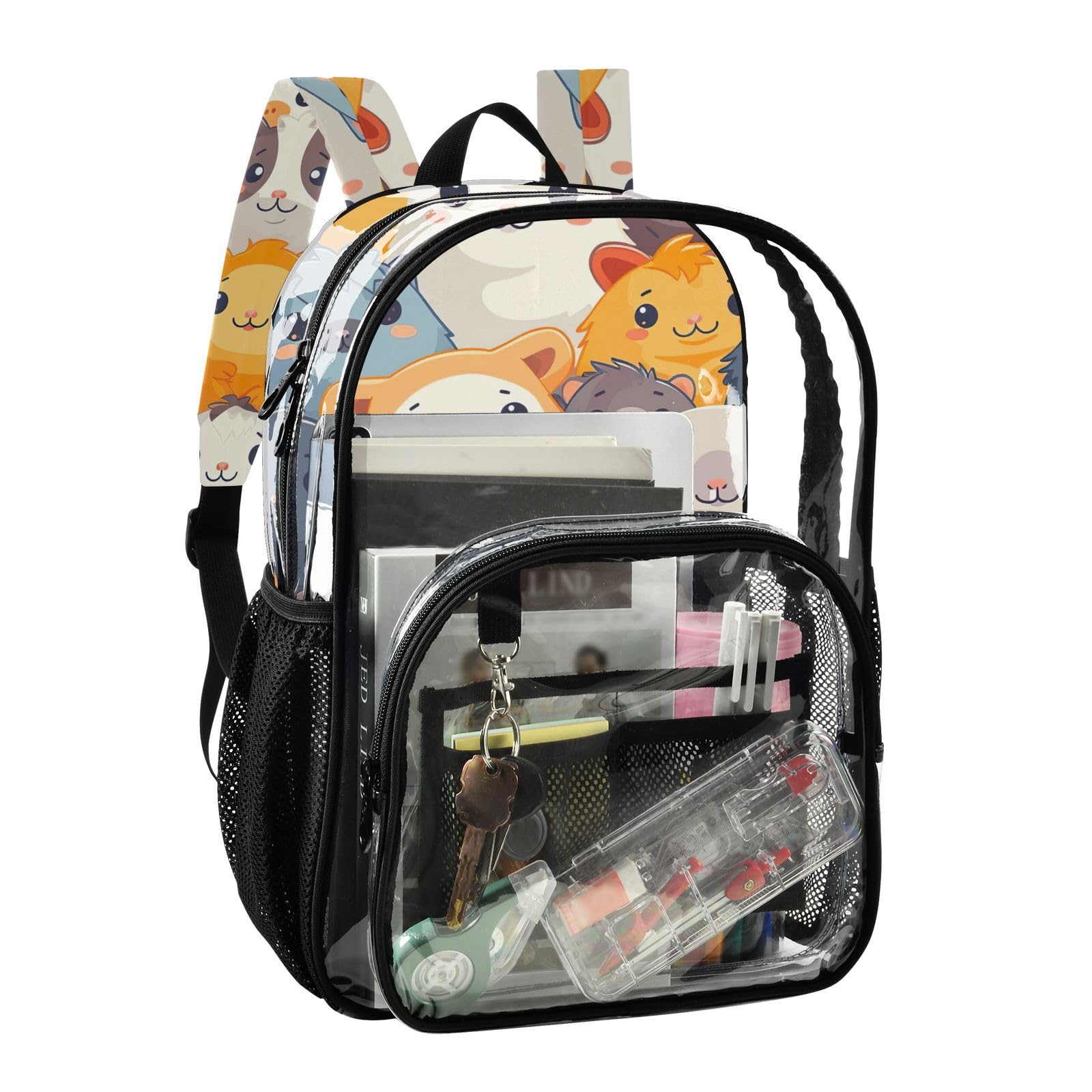 YETTASBIN Cartoon Guinea Pig Clear Backpack Heavy Duty PVC Transparent School Backpack with Reinforced Shoulder Straps & Multiple Pockets -