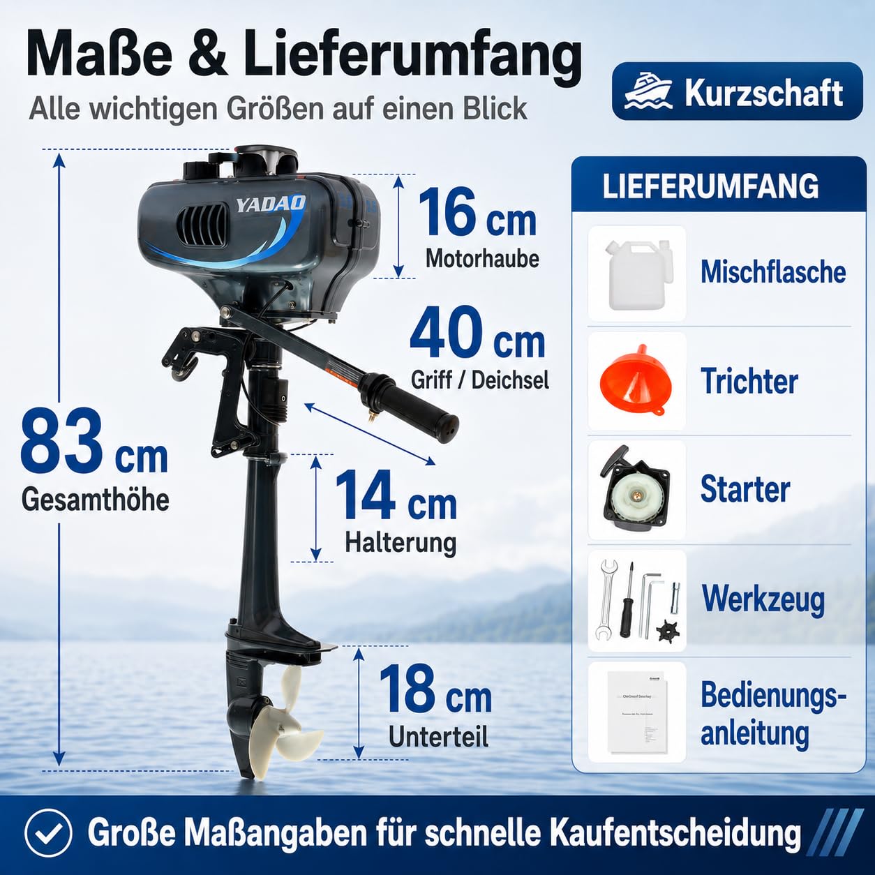 2-Takt 3,5 PS Außenbordmotor 75 lbs, Kurzer Welle mit CDI Zündung | 5000 U/min, 12 km/h (bei vier Personen), Halbluftgekühlt mit Kraftstofftank für Schlauchboot, Angelboot, Aluminiumboot