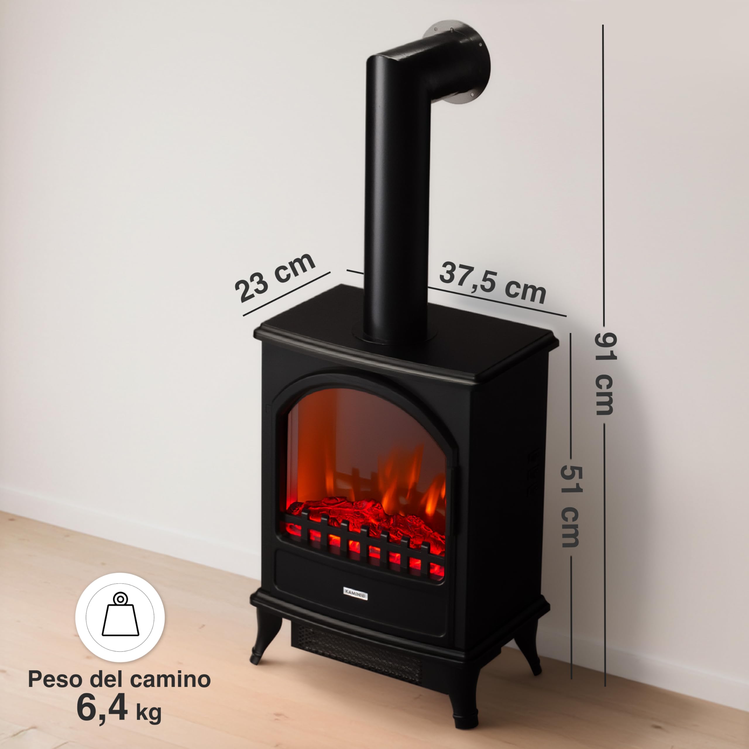 KAMINIO Camino elettrico LENI con tubo del camino - Stufa elettrica con riscaldamento, effetto fiamma 3D (Nero)