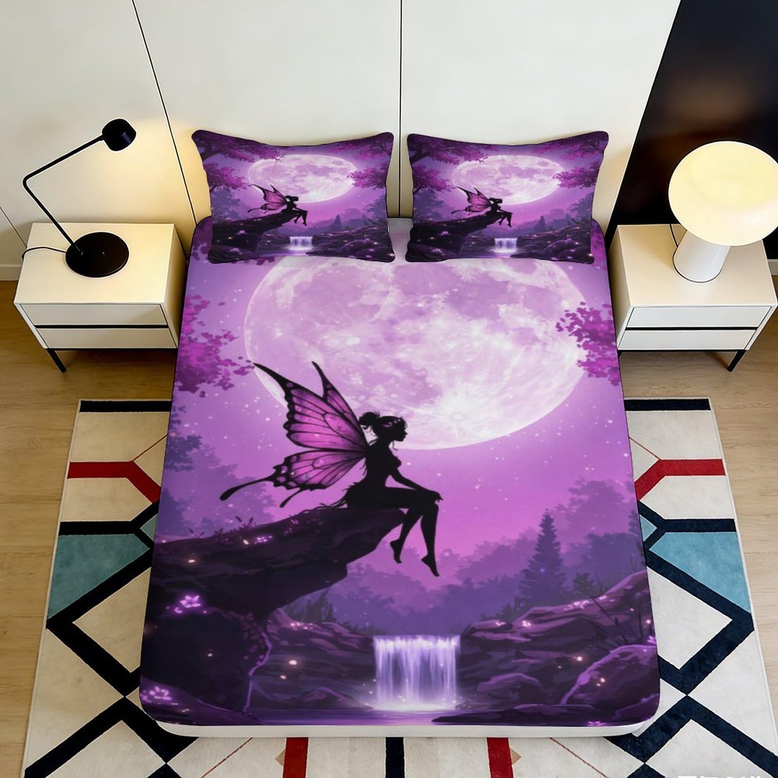 3D Printed Purple Fairy Moon Fitted Sheet Microfiber Soft Slip-Resistant Waterfall Bed Cover for Bedroom Dorm Guest Room 120x200x25cm