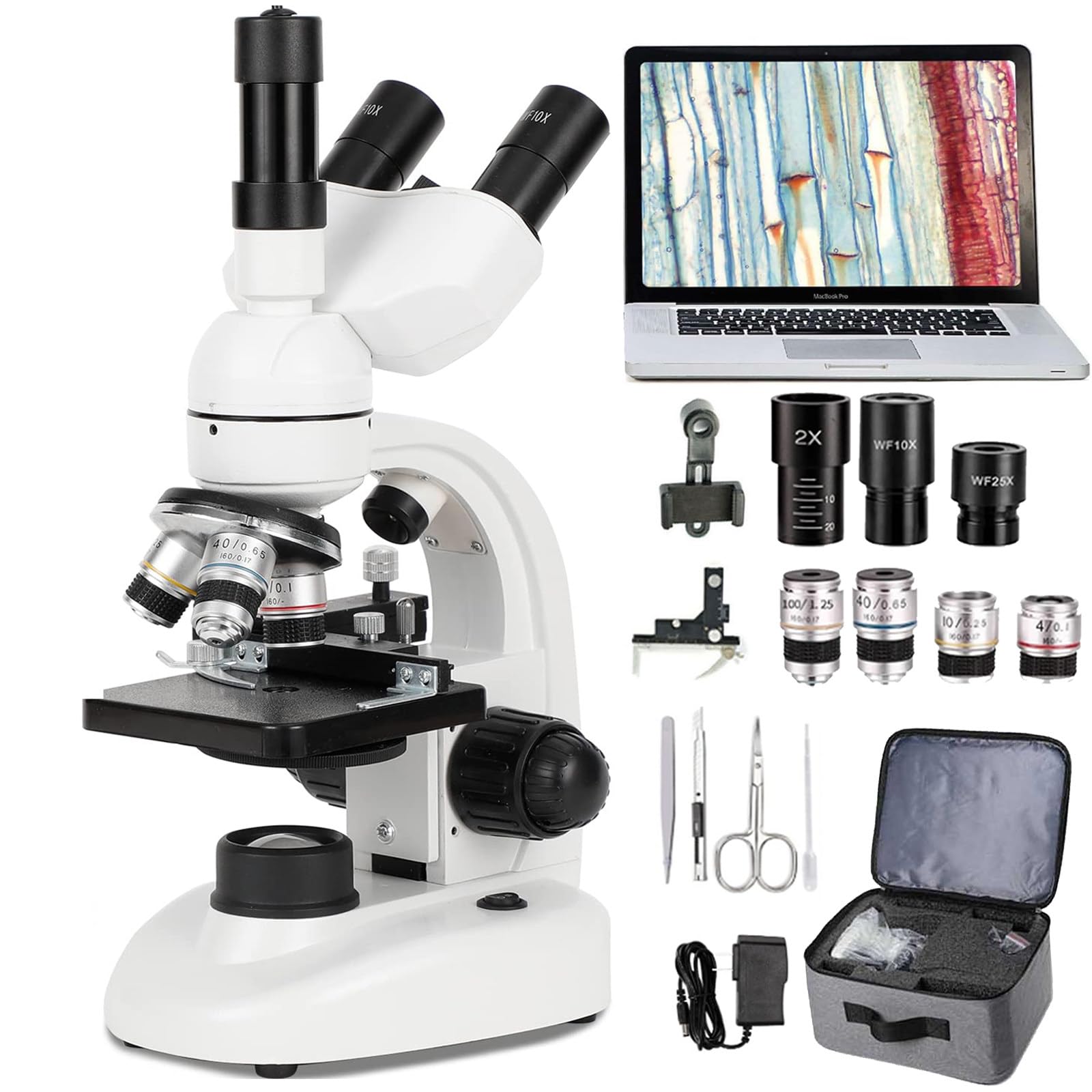 Microscopio BiolóGico Trinocular Microscopio Compuesto Profesional 40-5000x -Ocular ElectróNico/Lentes Objetivas (4X,10x,40x, 100x)/Oculares (10x,25x,2X)/Bolsa De Almacenamiento,White