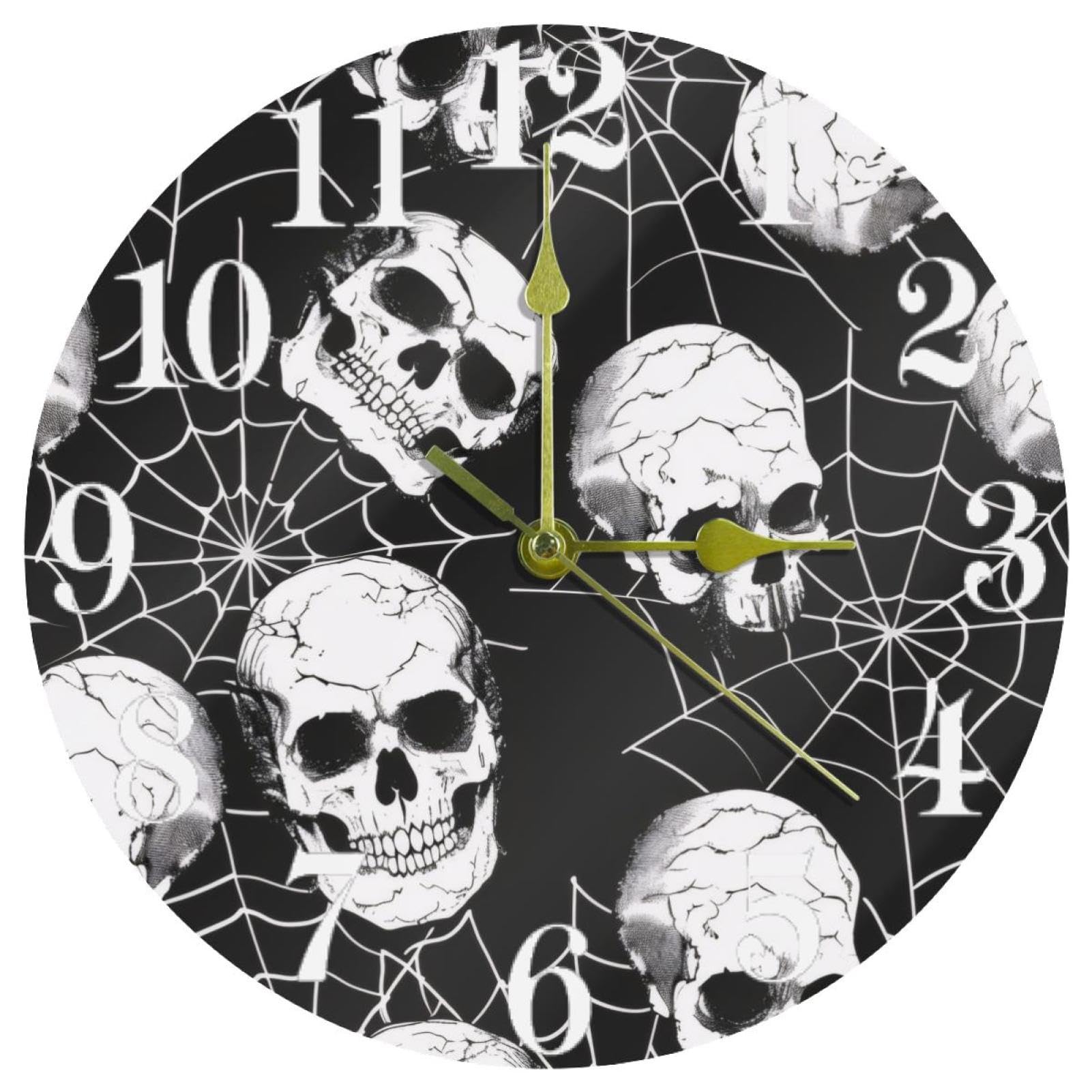 Horloge murale silencieuse contre les bruits nocturnes motif toile d'araignée skull