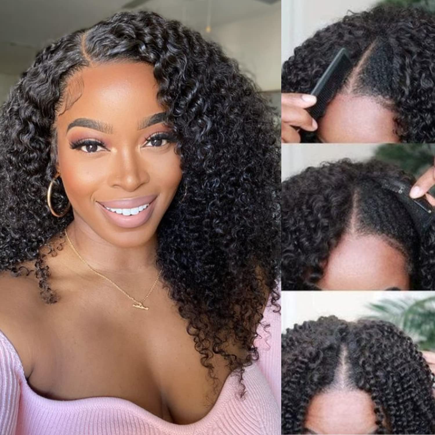 V Part Wig Human Hair Curly Wave No Leave Out Upgraded of U Part Wigs Brazilian Virgin Human Hair wigs for Black Women V Part Wigs No Sew in No Glue (14inch, Natural Color)
