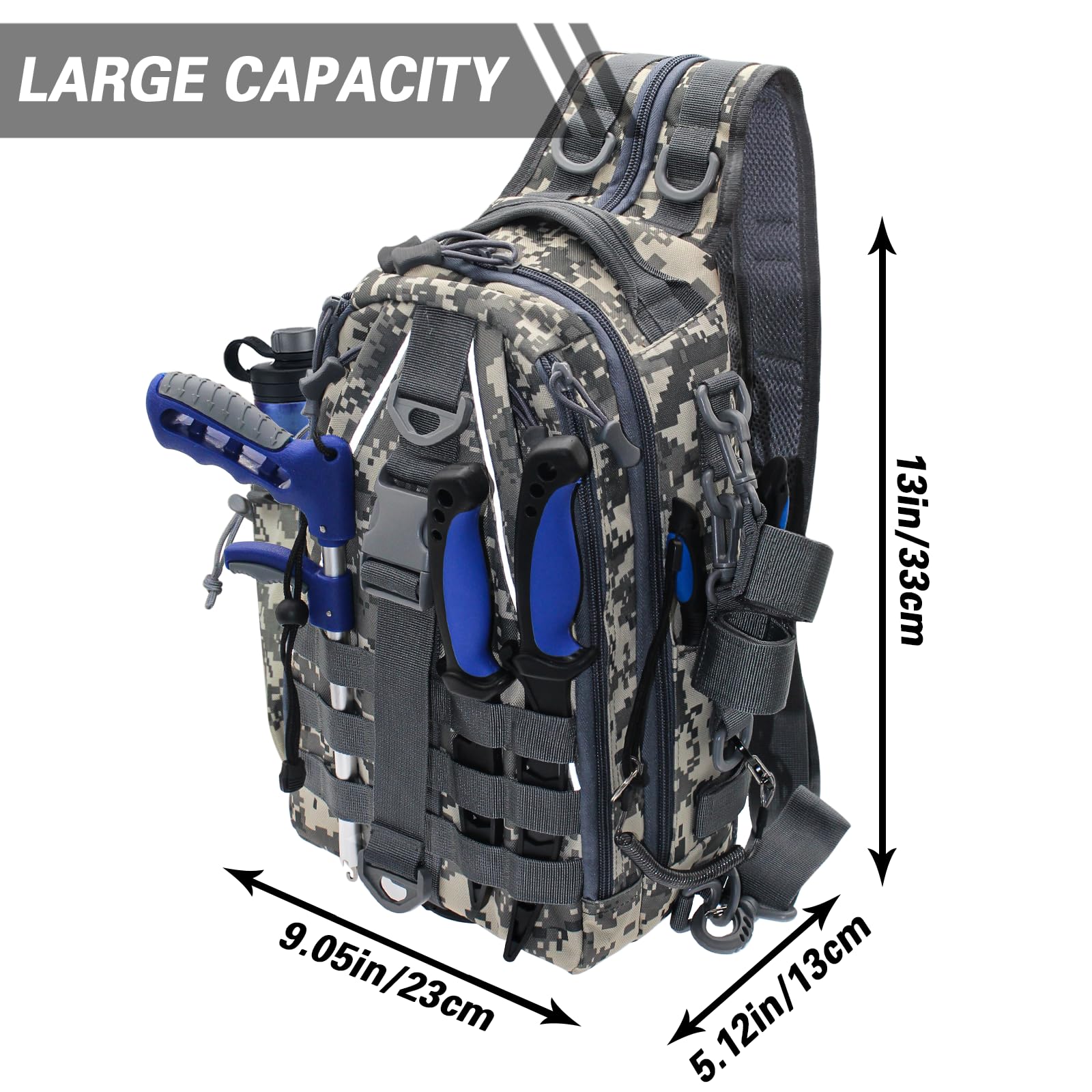 Mochila de pesca, bolsa de pesca ligera con mucho espacio de almacenamiento, mochila de caja de aparejos con soporte para caña para pesca con mosca y regalos para hombres y mujeres, color gris