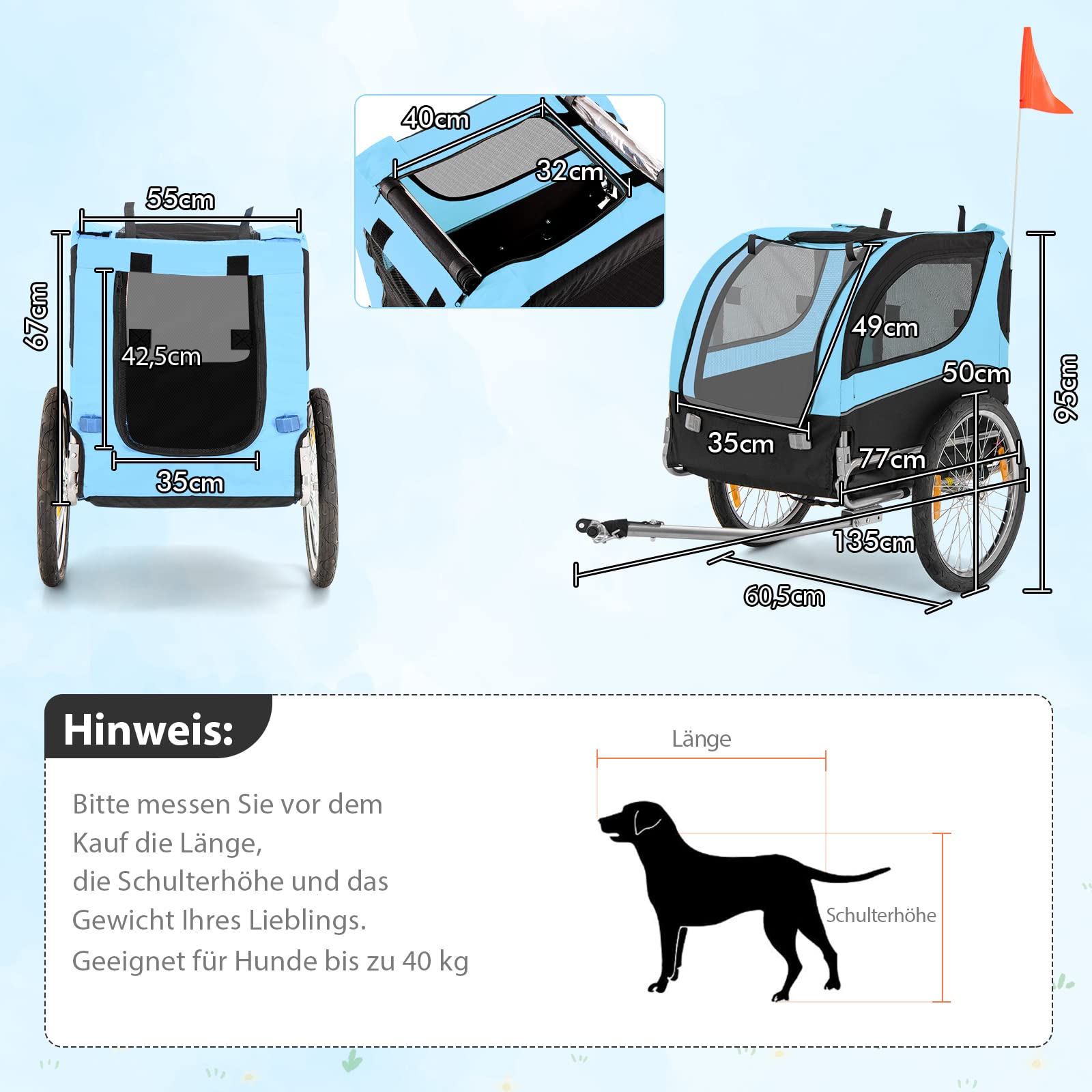 COSTWAY składana przyczepka rowerowa dla psa 40 kg, małych i średnich psów, 8 odblaskami, tkanina Oxford niebieska