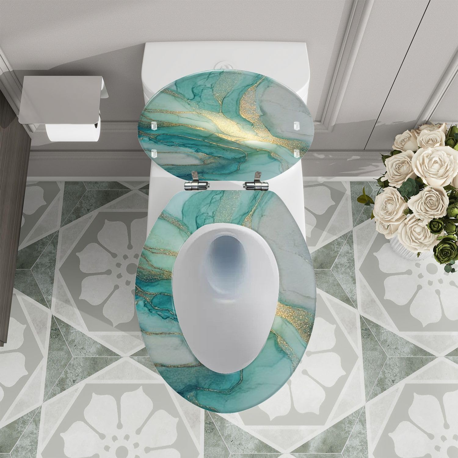 Asiento de inodoro genérico alargado de resina con cierre suave para baño.