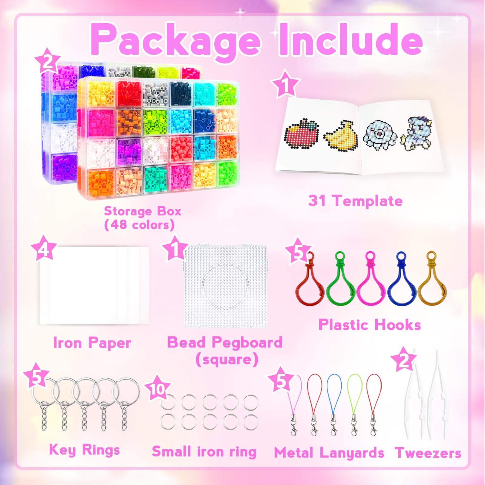 Perline da Stirare 5 MM, Perline a Fusione con Custodia-48 Colori, Pegboard, Guida Utente, Decorazioni, Set Gioco Creativo Natalizio Fai Da Te Regali Compleanno Natalizio per Bambini di 5+ Anni