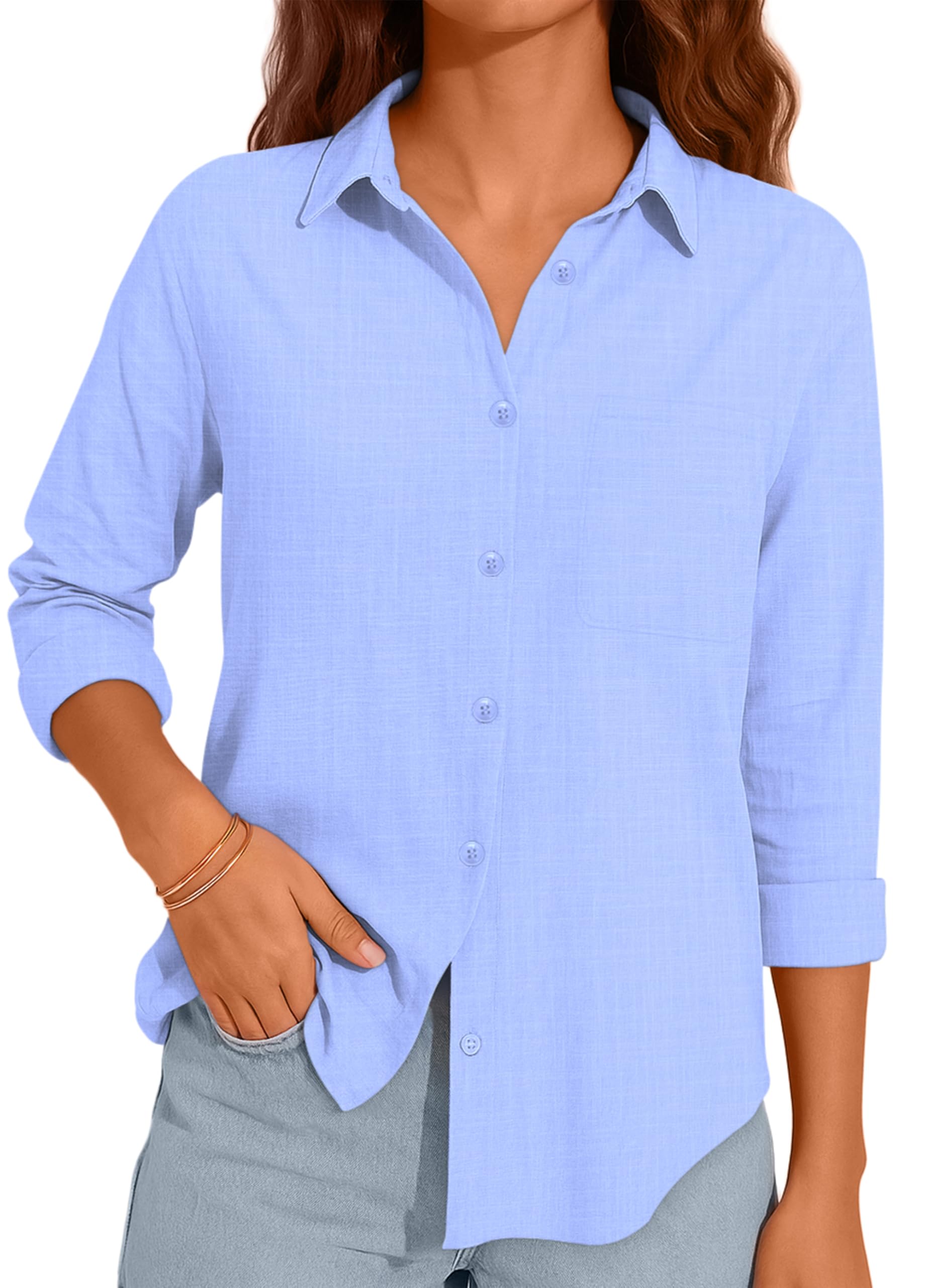 NONSAR - Blusa para mujer, manga larga, con cuello en V, elegante, informal, con botones, blusas