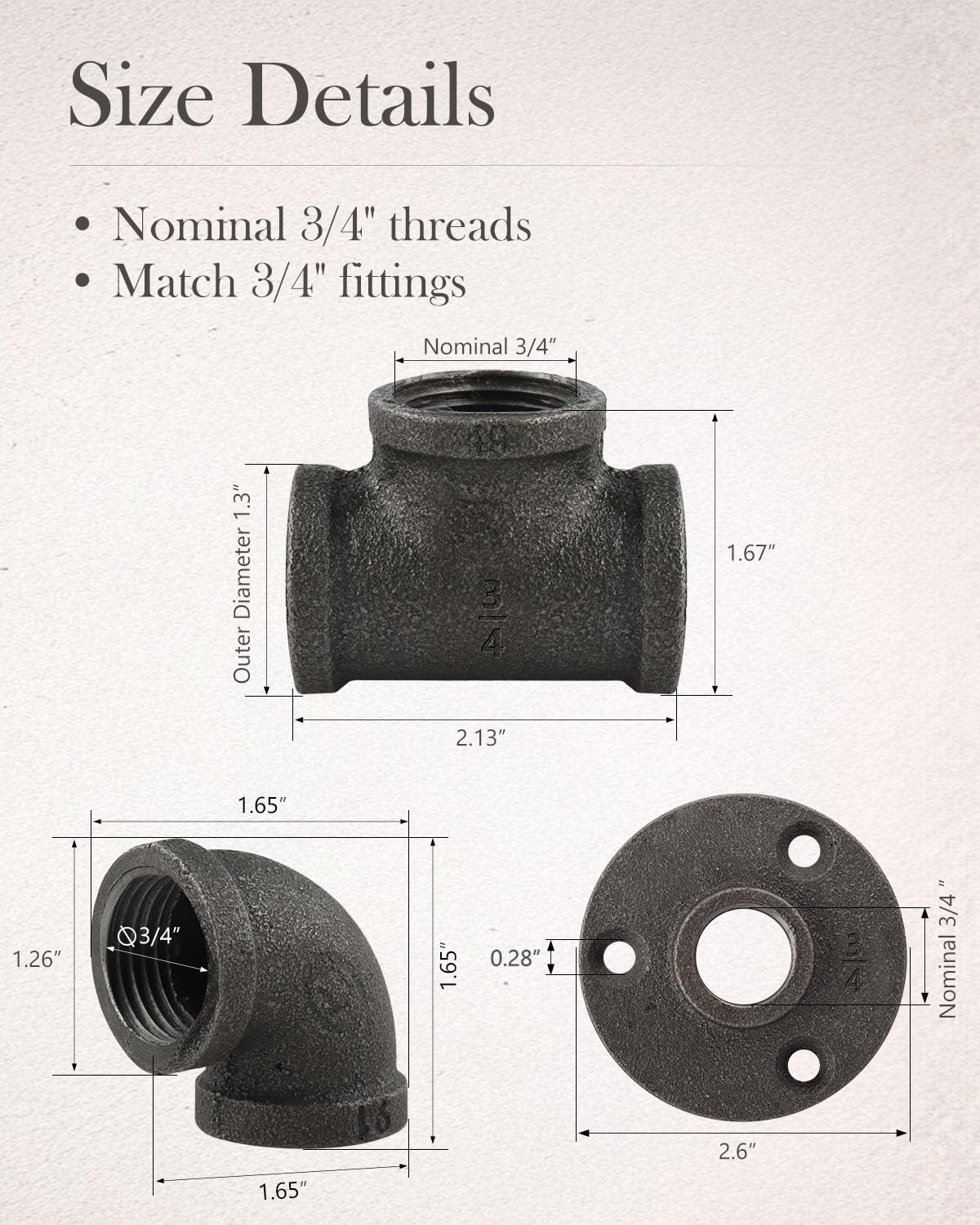 Paquete de 60 accesorios de tubería de hierro fundido de 3/4 pulgadas (20 codos, 20 tees, 20 bridas), tubo industrial para tuberías y accesorios negros roscados, estilo vintage industrial
