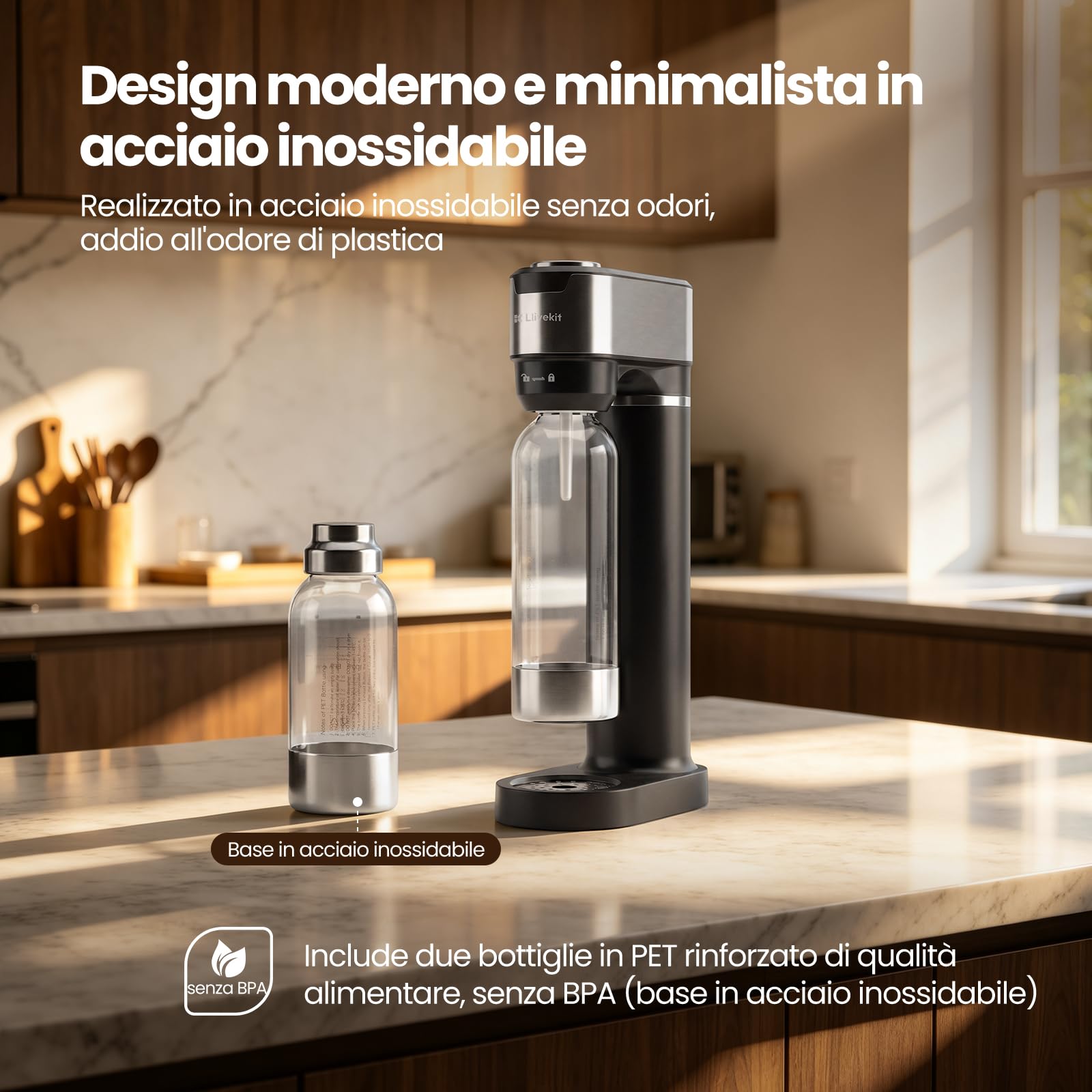 LLIVEKIT Gasatore d’acqua con 4 Livelli di Effervescenza, Gasatore Manuale con Bottiglie in PET senza BPA da 0,5 L e 1 L, Corpo in Acciaio Inox, Doppia Valvola di Sicurezza, Nero