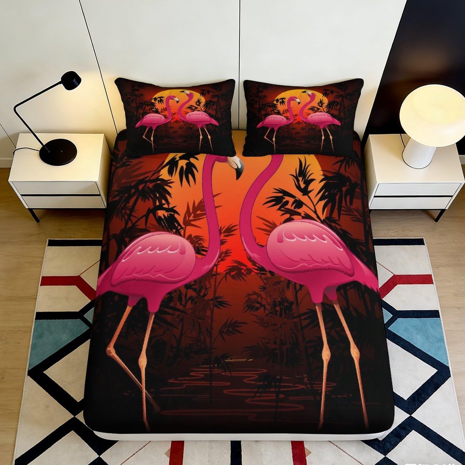 3D Printed Flamingo Fitted Sheet Microfiber Soft Breathable Sunset Bed Cover for Bedroom Dormitory Guest Room Mattress Protection Decor 140x200x25cm