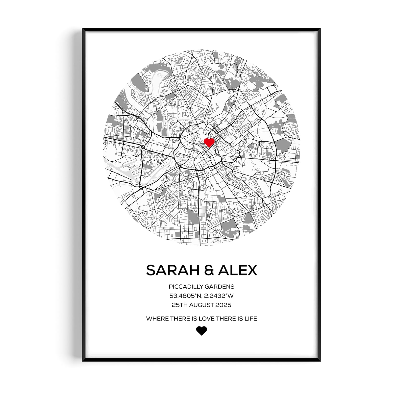 Fans Favourites Personalised Couple Map - Engagement Gift, Any Location, City Print, Town Poster, Love Print, Romantic Gift For Him or Her (Circle Frame)