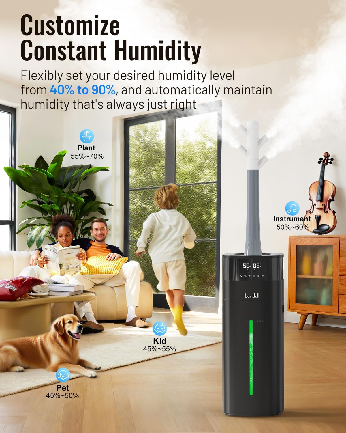 Cool and Warm Mist Humidifier Large Room, 5.3Gal/20L Humidifiers for Home 2000 sq ft, Whole House Humidifiers with Diffuser Extended Tube, Air Humidifier for Bedroom Nursery Baby Plants Black
