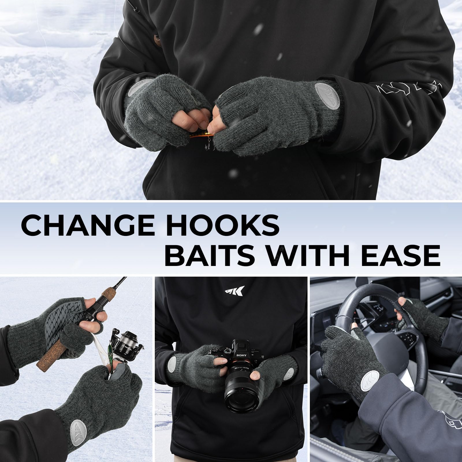 KastKing Bully Wooly 3-Cut Fingerless Wool Fishing Gloves, Cold Weather Warm Winter Gloves for Men & Women, Ice Fishing