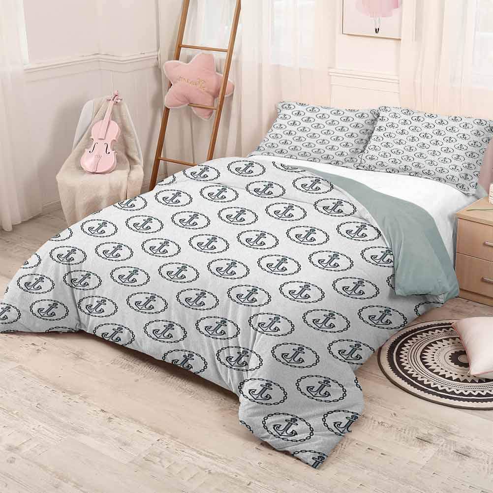 Anchor Modern Duvet Cover Set Vintage Dark Blue Ship Anchors Framed by Round Chain Borders Marine Design Good Choice as a Gift Dark Blue White 90x90in/20x30inx2