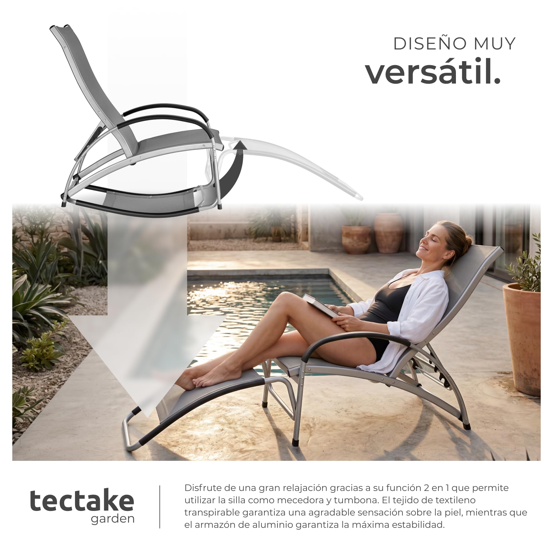 tectake® Tumbona Mecedora 2 en 1, Tumbona Jardín Exterior, Silla Mecedora, Respaldo Ajustable, Estructura de Aluminio, Tejido Transpirable, Ideal para Jardín y Playa - 2 Unidades
