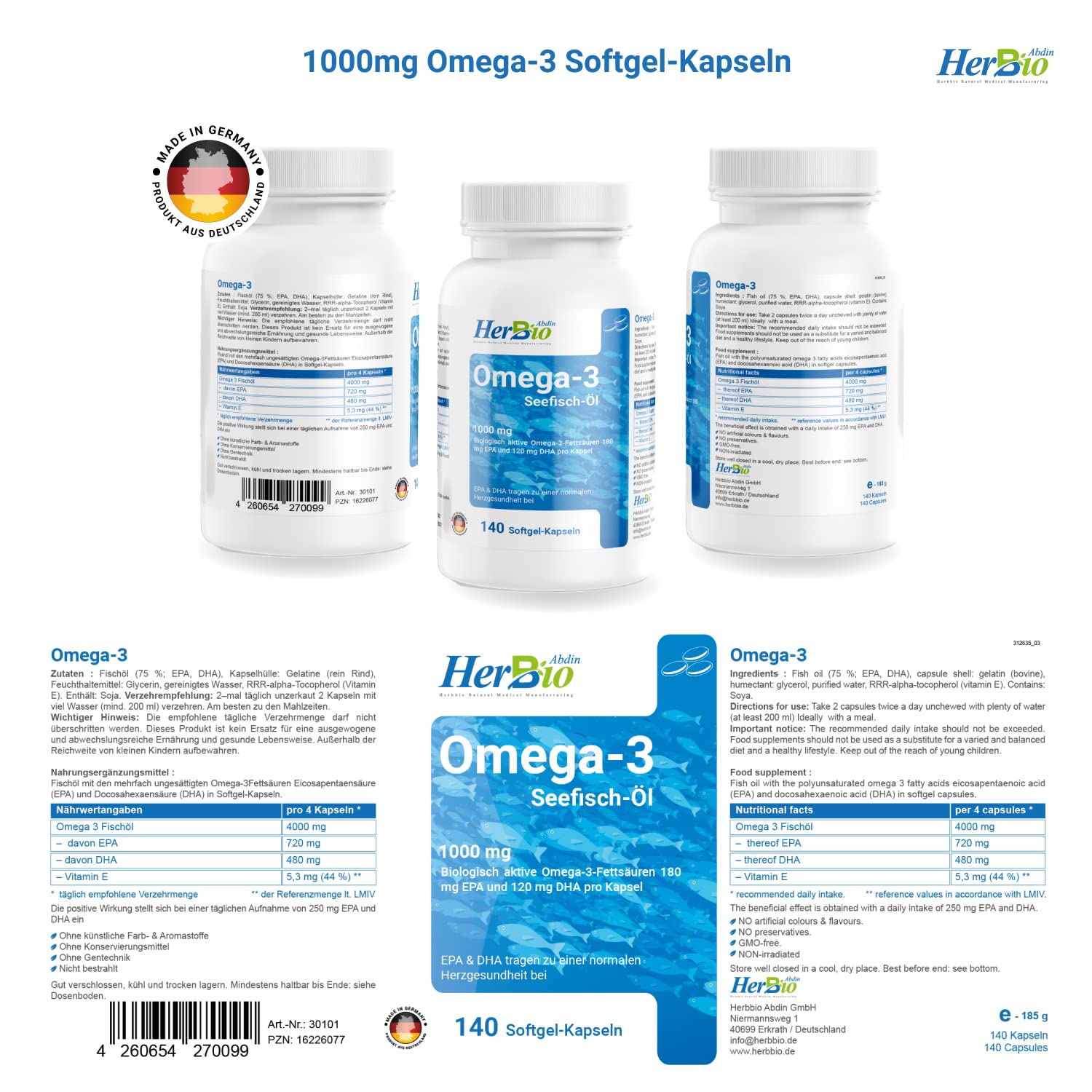 HerbBio Omega 3 1000 mg, 3 x 140 Softgel-Kapseln, hochdosiert
