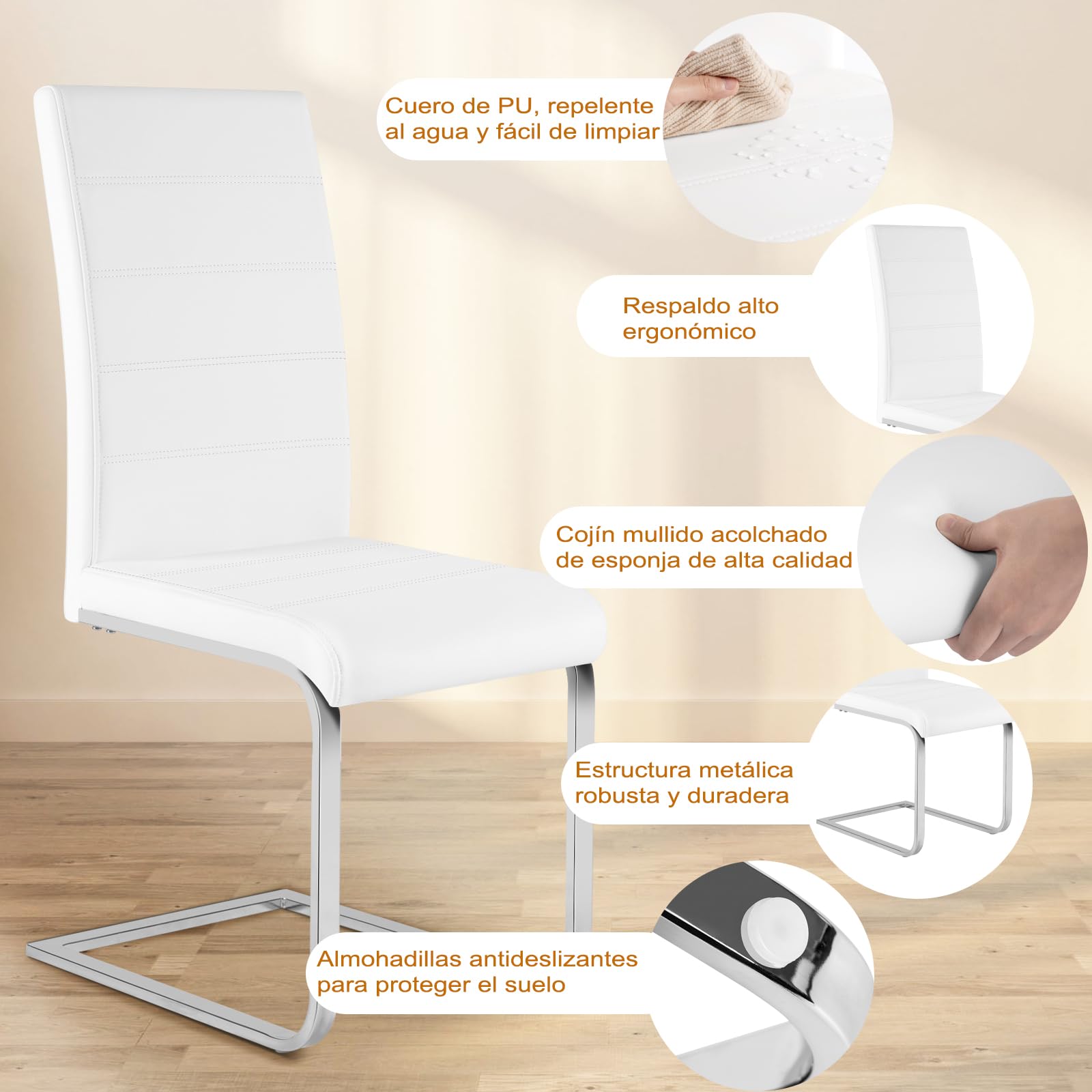 WOLTU Juego de 6 Sillas de Comedor, Terciopelo,Blanco | Ergonómica,Forma de C con Respaldo Alto,Moderna,Chic