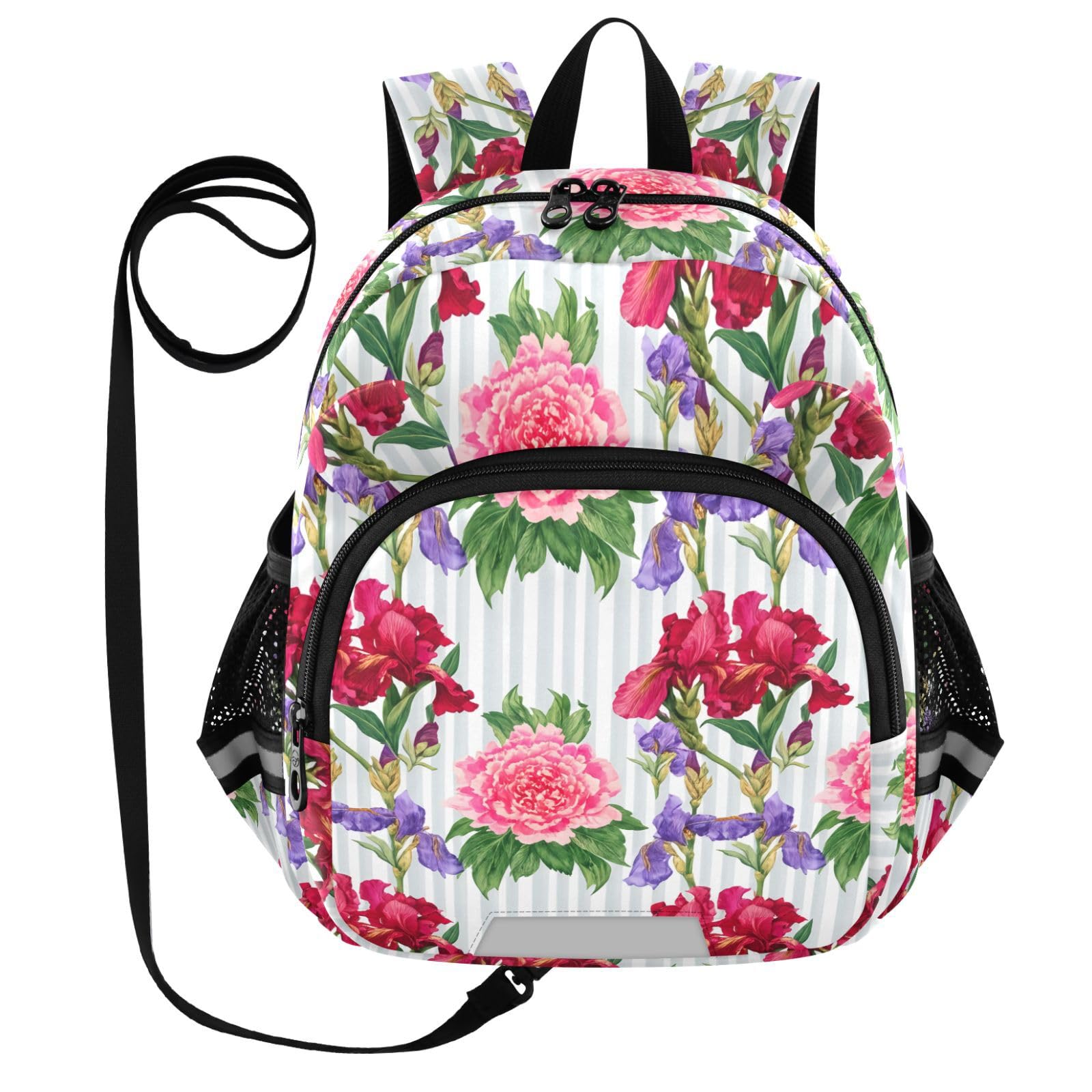 Irises Floral Stripe White Toddler Harness Backpack for Boys Girls 3-6 Years Kids Backpack with Anti Lost Safety Leash Baby Travel Bag for Travel Preschool Walking